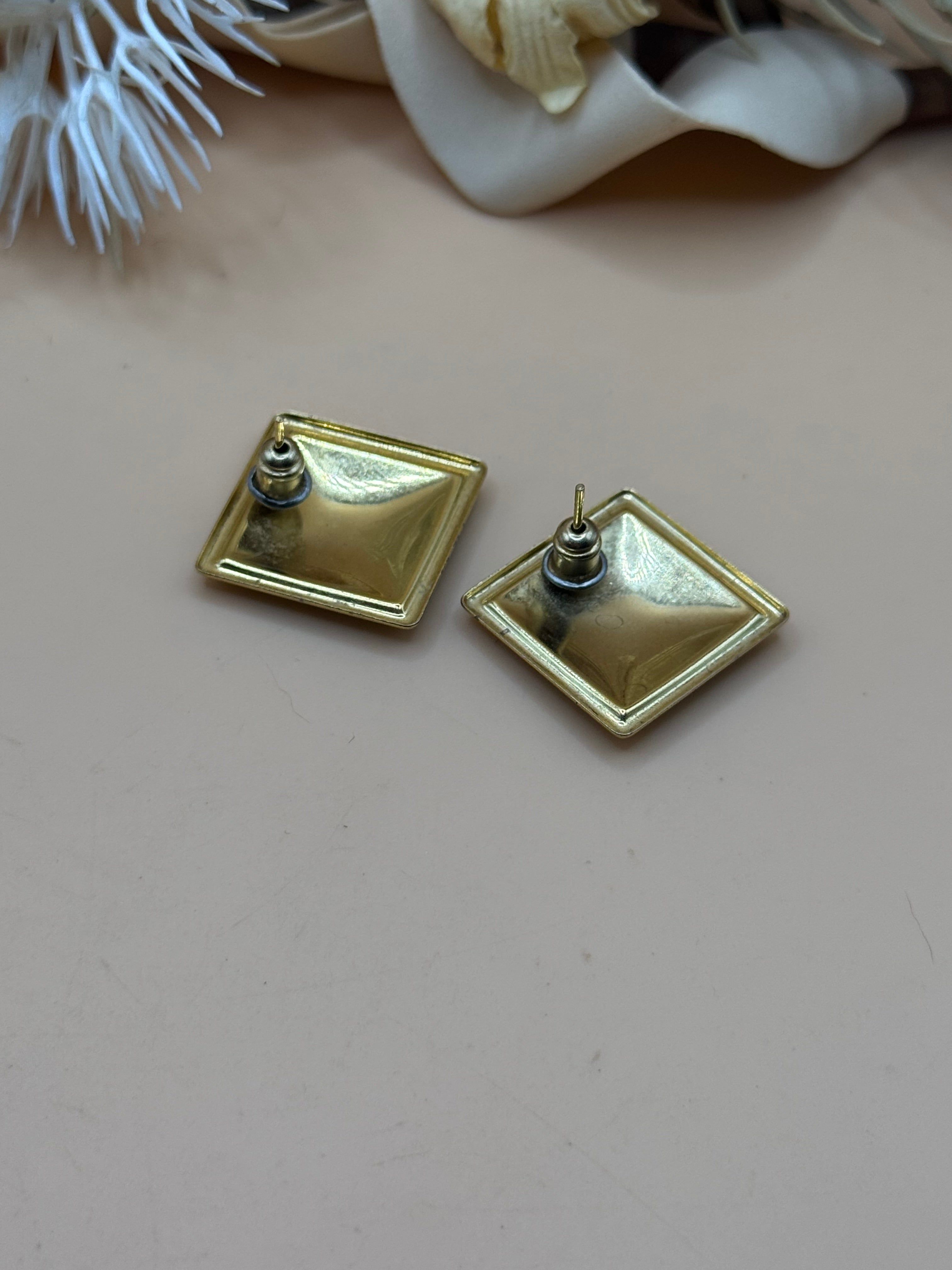Vintage Green Swirl Rectangular Gold-Tone Pierced Earrings