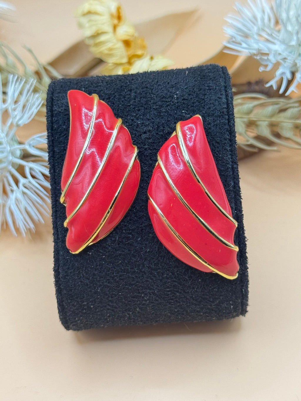 Red Swirl Gold-Tone Pierced Statement Earrings