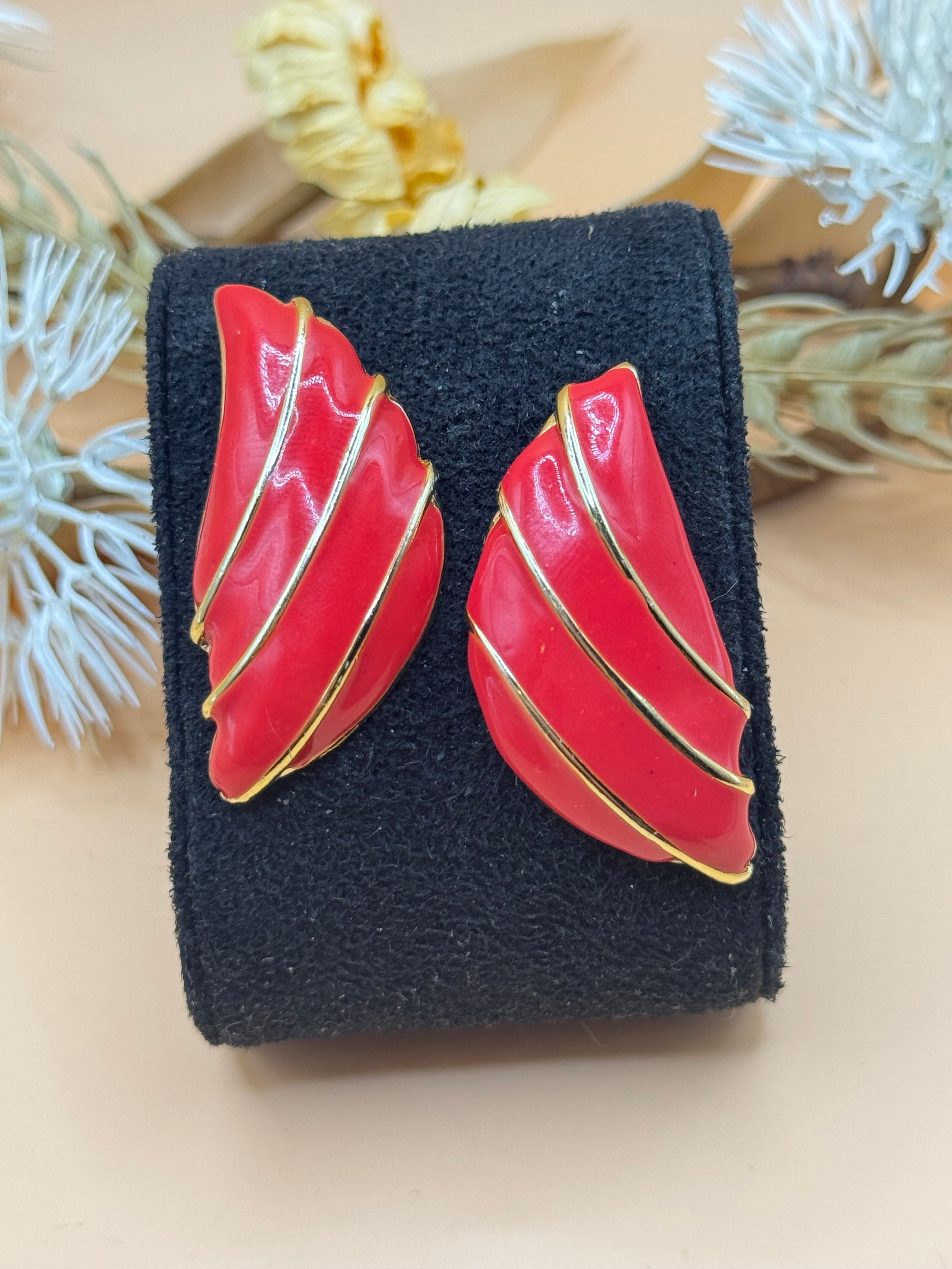 Red Swirl Gold-Tone Pierced Statement Earrings