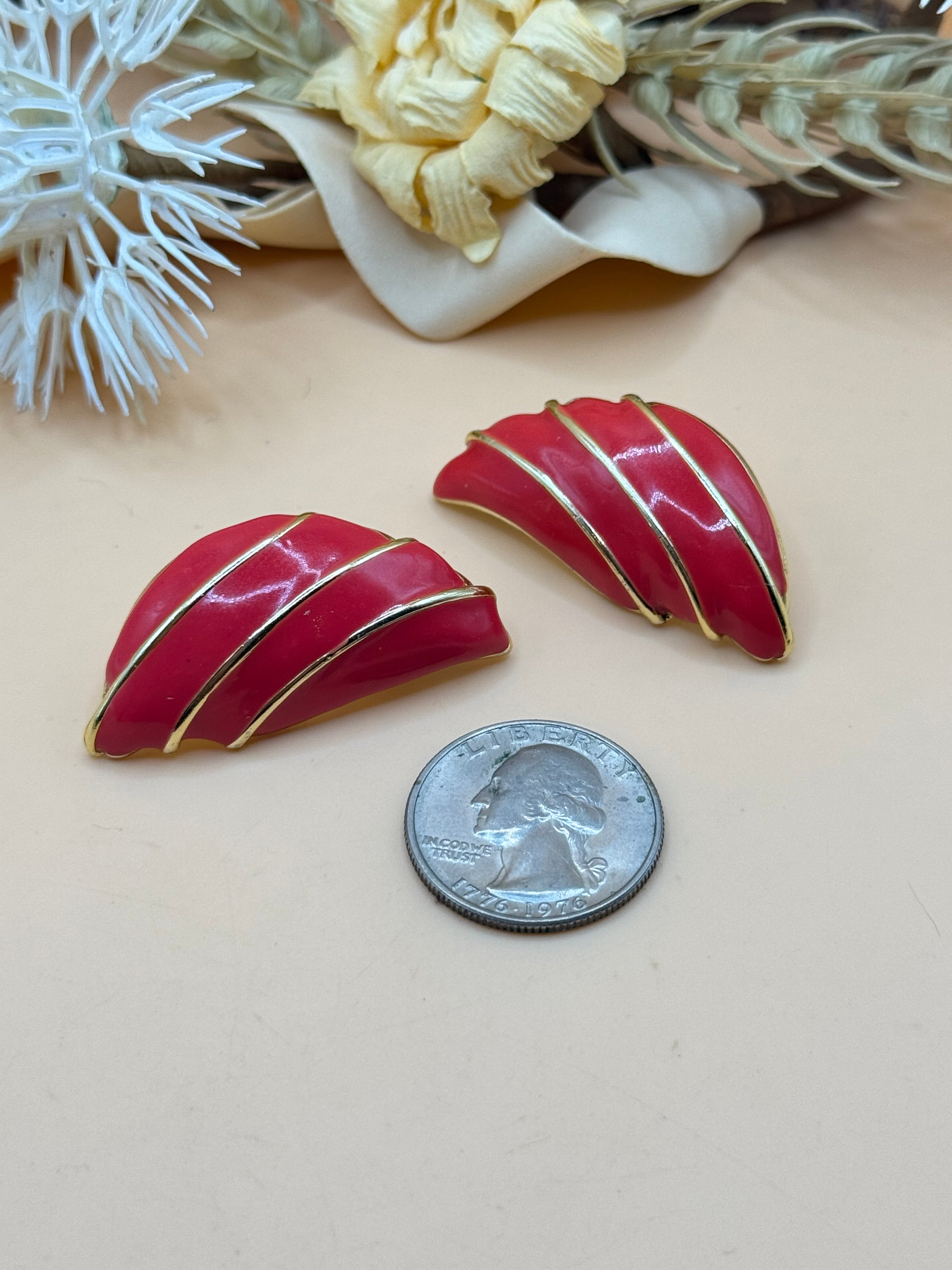 Red Swirl Gold-Tone Pierced Statement Earrings