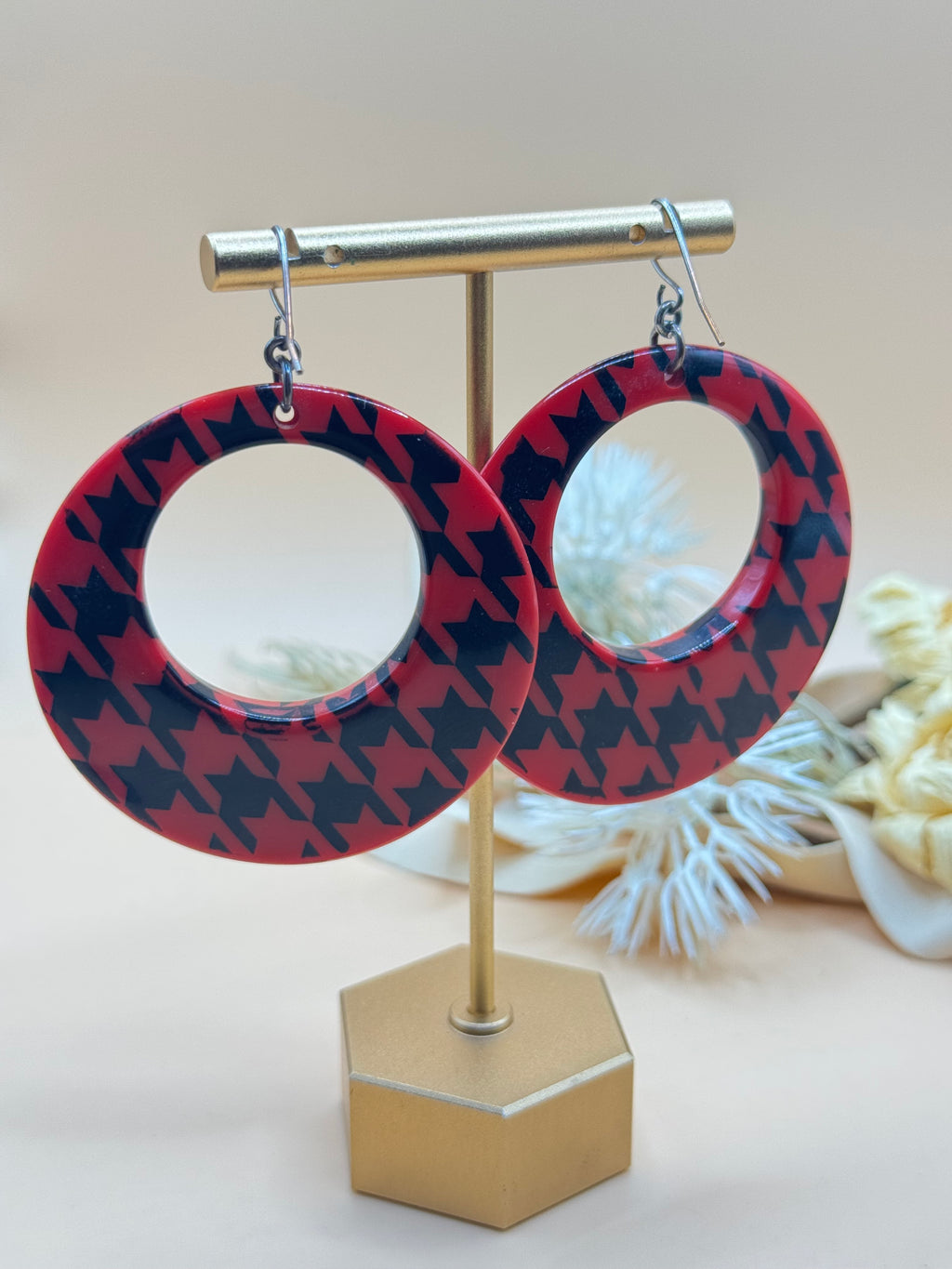 Red and Black Houndstooth Oversized Hoop Dangle Earrings