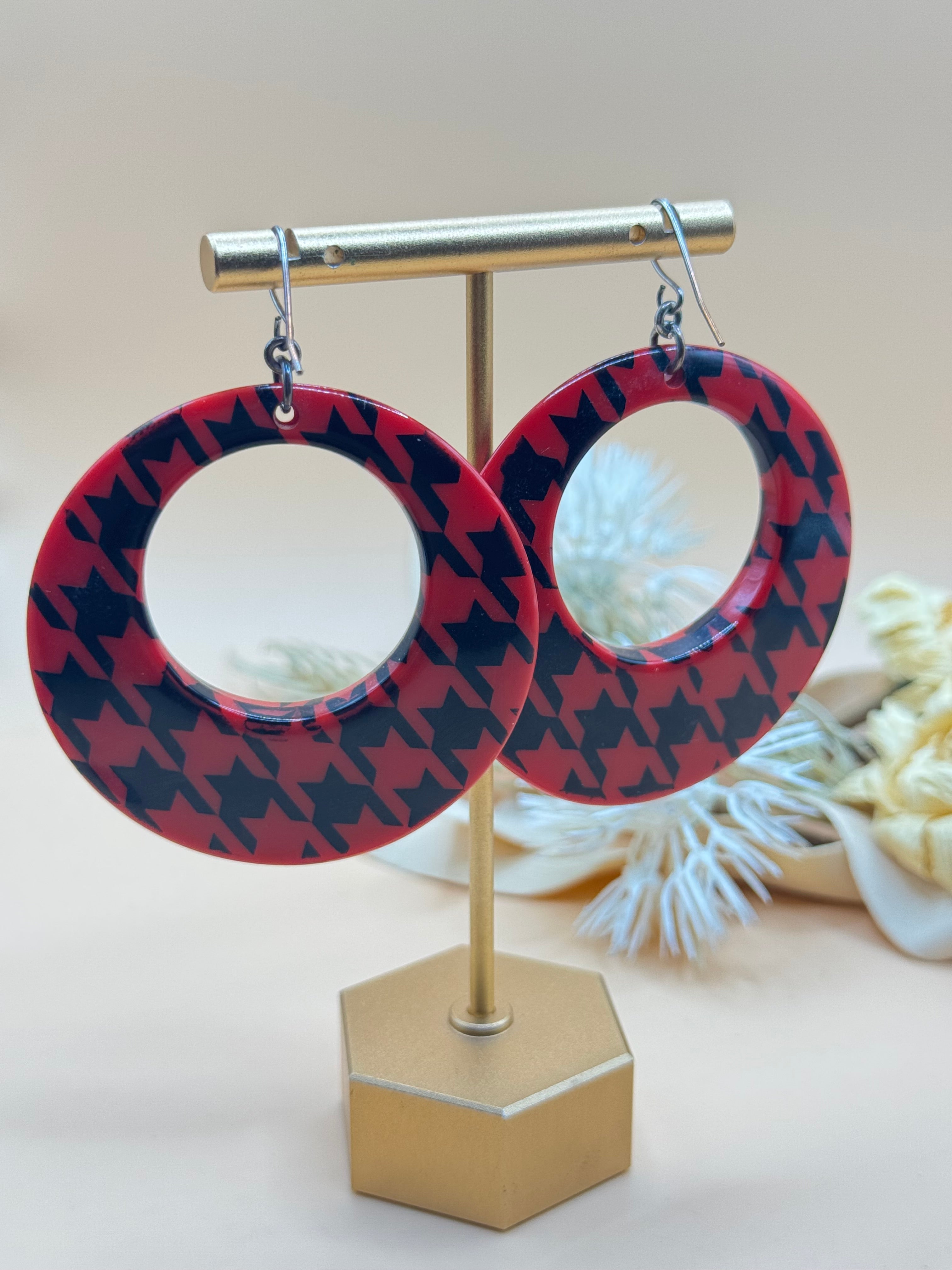 Red and Black Houndstooth Oversized Hoop Dangle Earrings