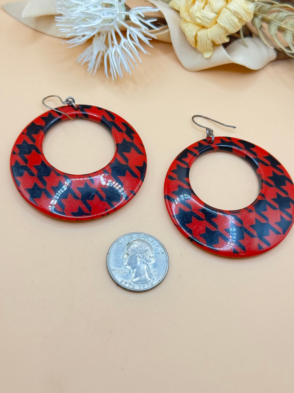 Red and Black Houndstooth Oversized Hoop Dangle Earrings