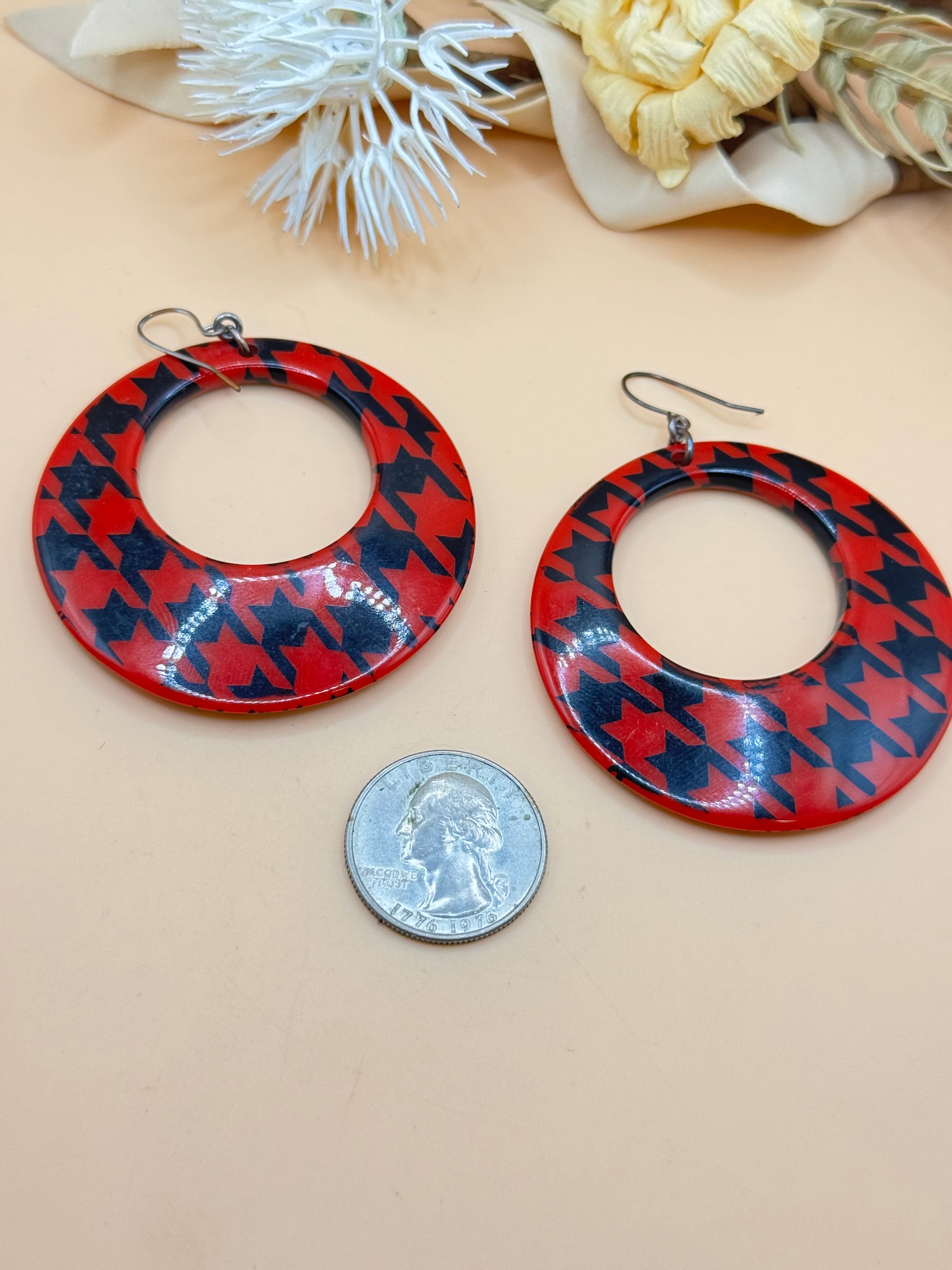Red and Black Houndstooth Oversized Hoop Dangle Earrings