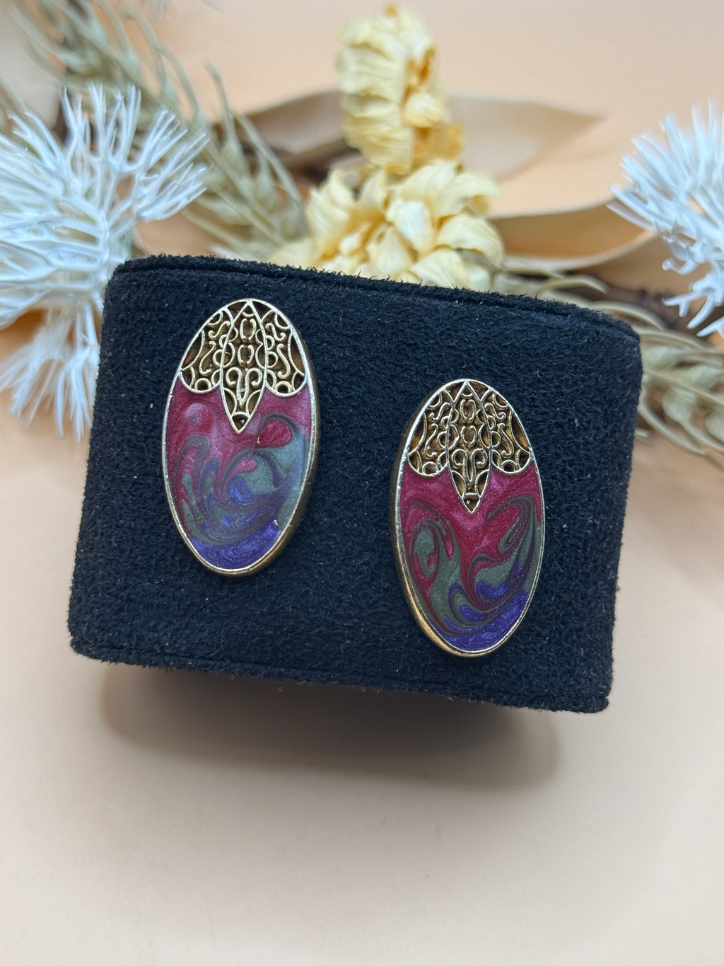 Vintage Made in USA Purple & Burgundy Enamel Oval Filigree Post Earrings