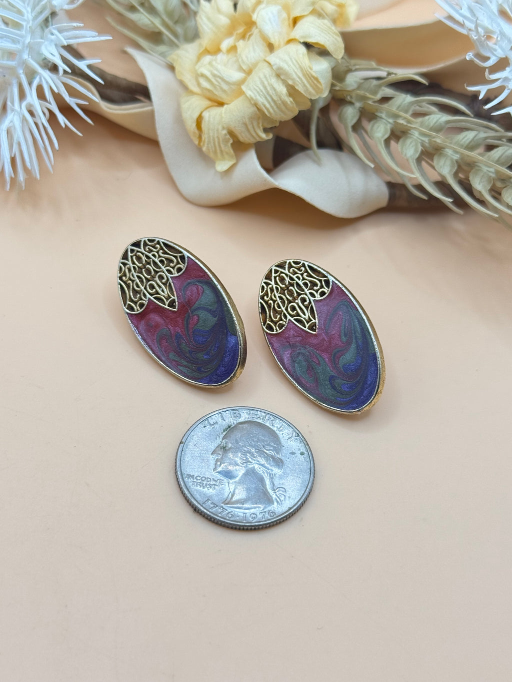 Vintage Made in USA Purple & Burgundy Enamel Oval Filigree Post Earrings