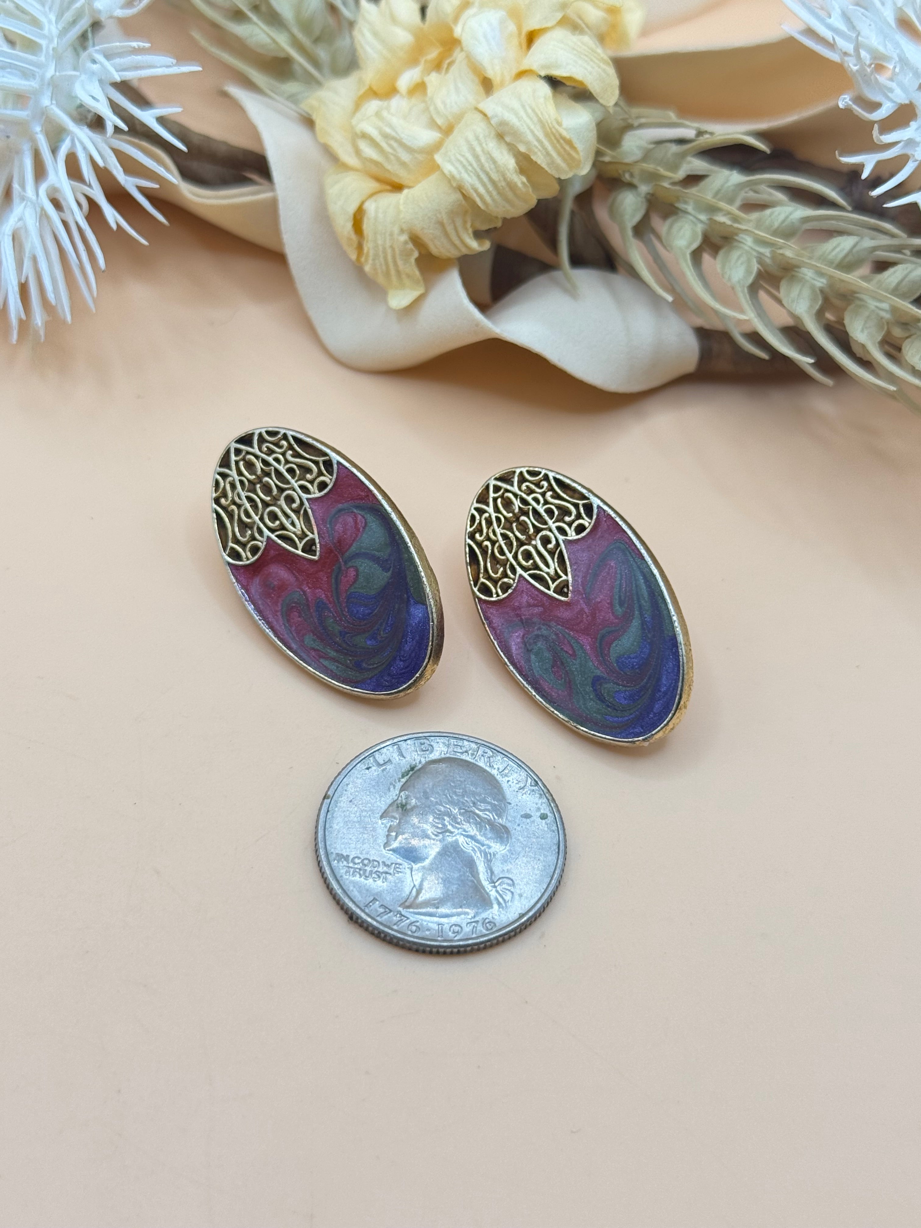 Vintage Made in USA Purple & Burgundy Enamel Oval Filigree Post Earrings