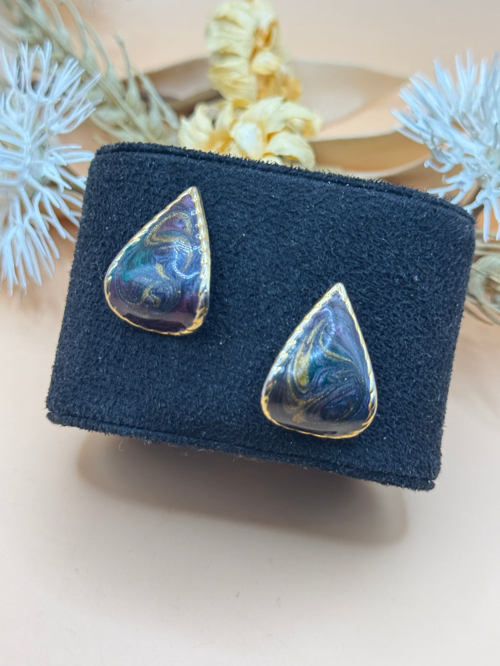 Vintage Purple Swirl Enamel Gold Tone Teardrop Post Earrings