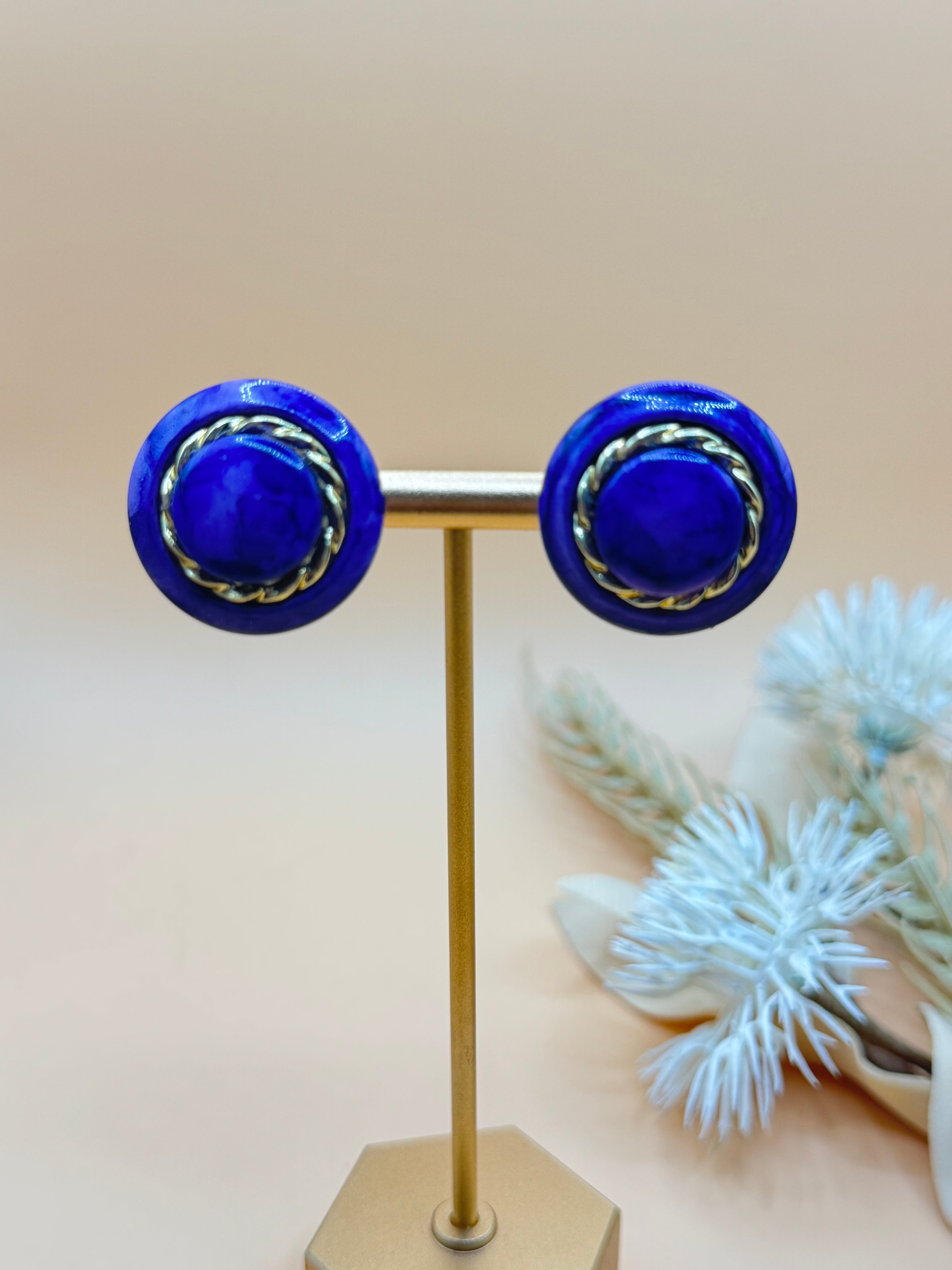 Purple Round Clip-On Earrings with Gold Tone Rope Detail