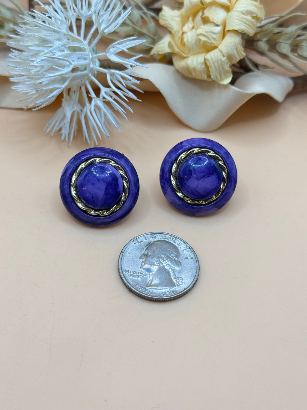 Purple Round Clip-On Earrings with Gold Tone Rope Detail