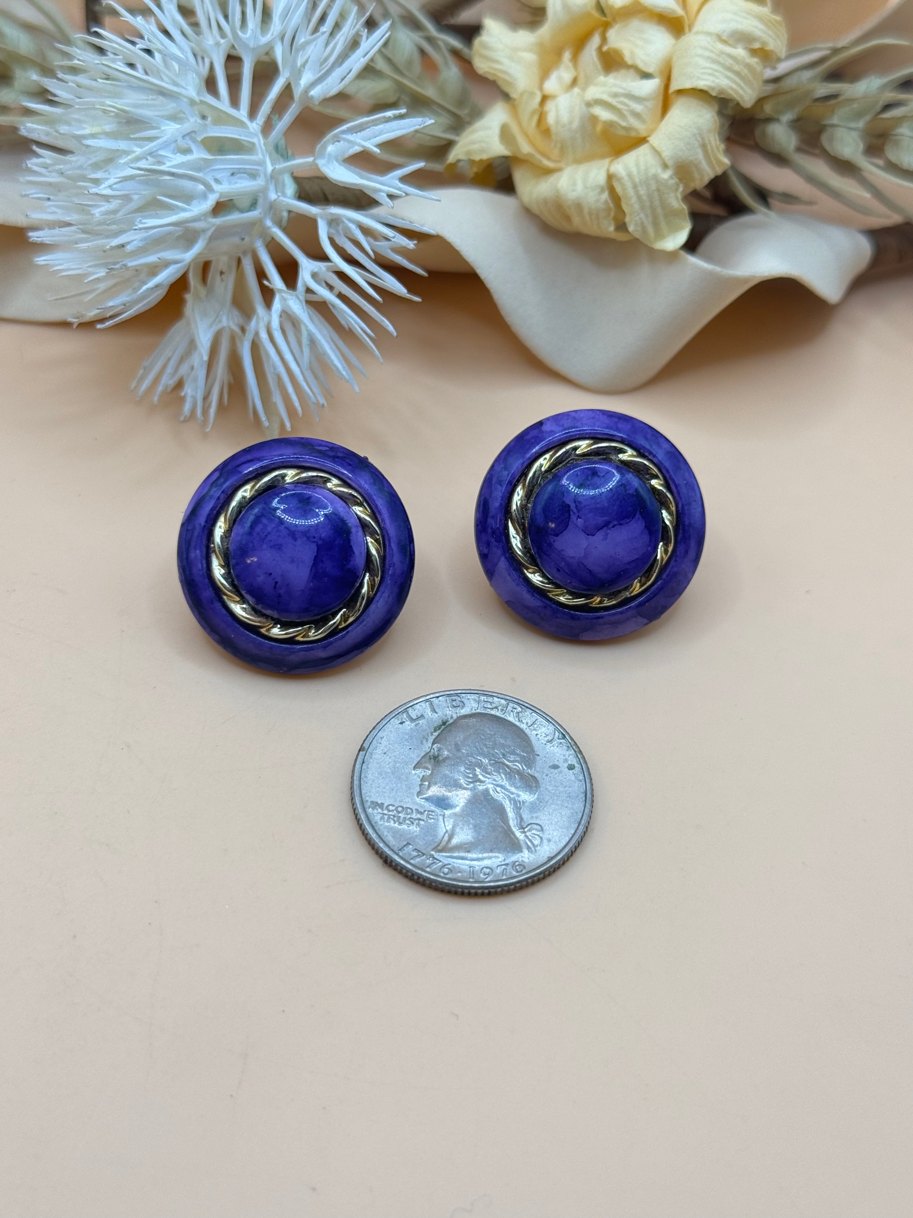 Purple Round Clip-On Earrings with Gold Tone Rope Detail