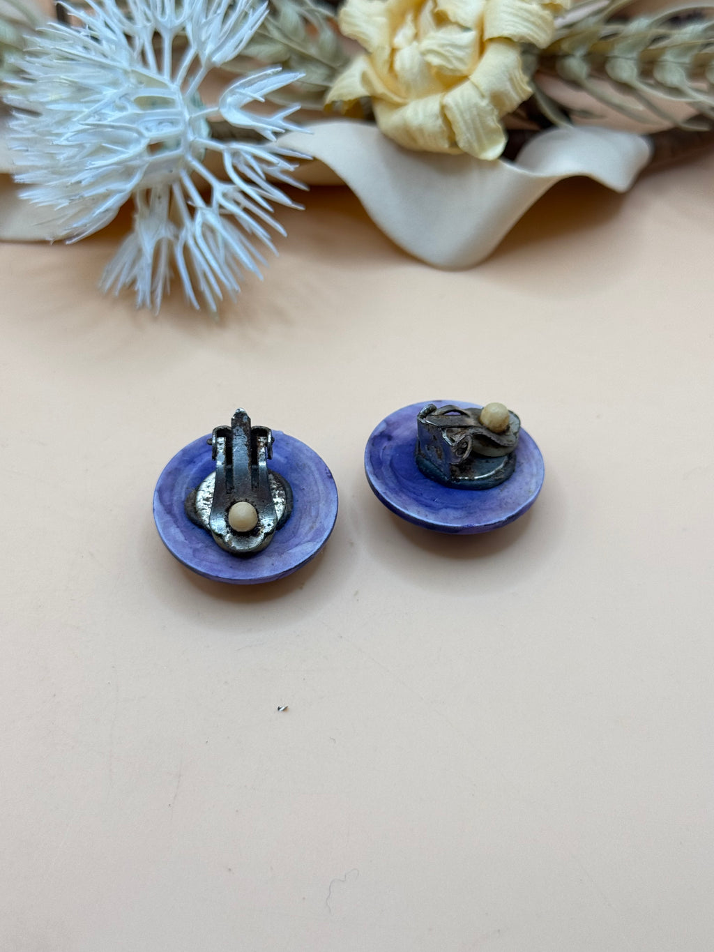 Purple Round Clip-On Earrings with Gold Tone Rope Detail