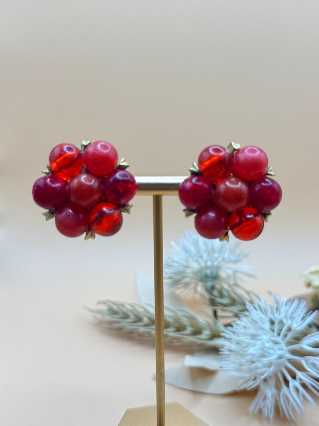 Vintage Kramer Red Bead Cluster Clip-On Earrings Gold Tone