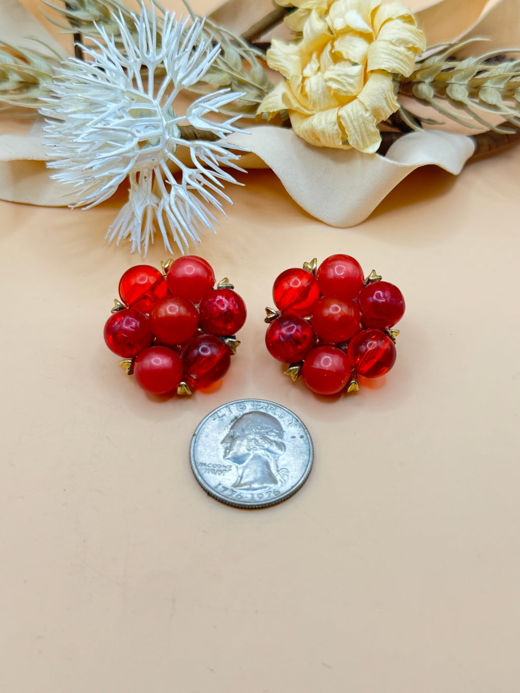 Vintage Kramer Red Bead Cluster Clip-On Earrings Gold Tone