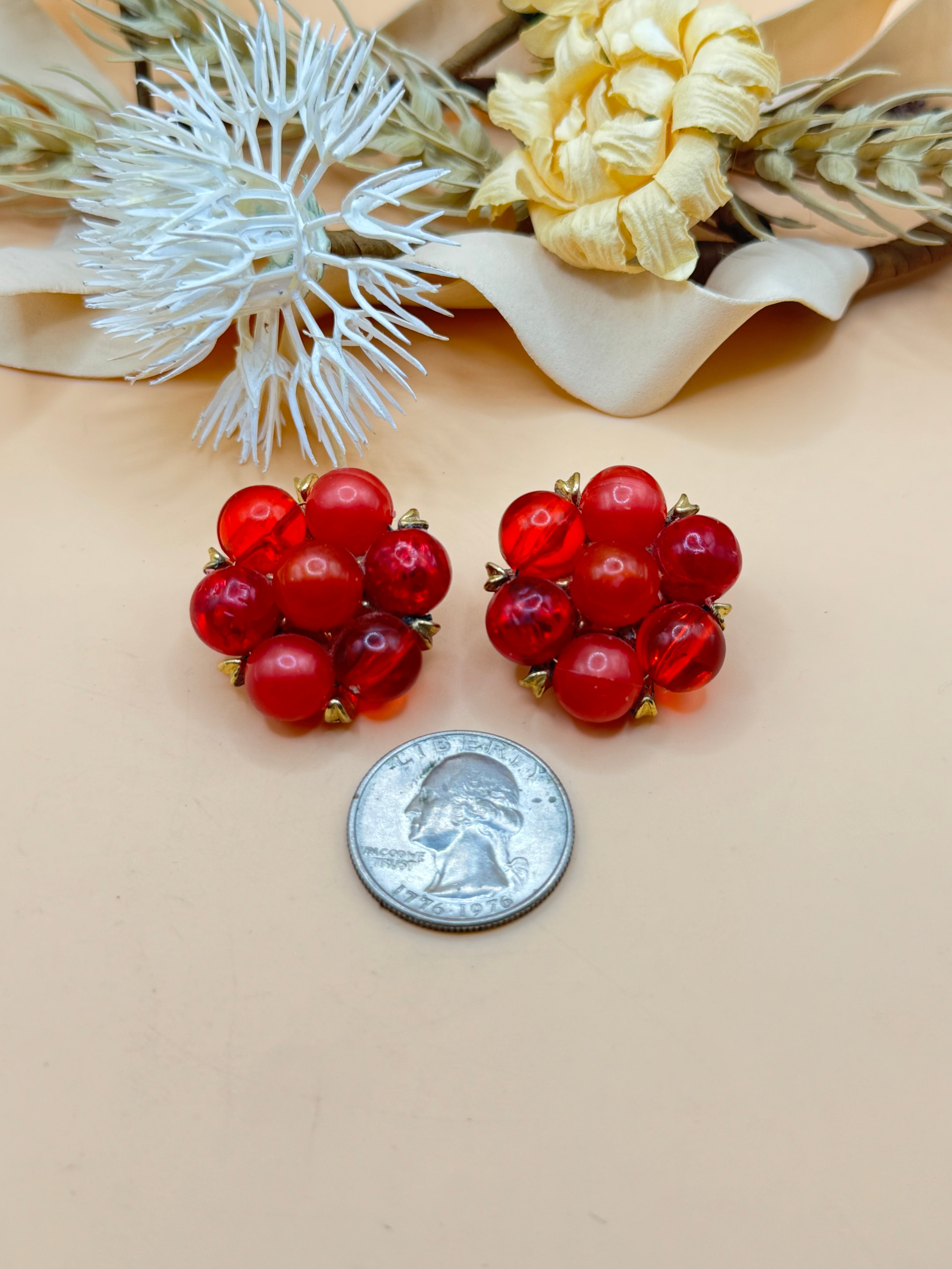 Vintage Kramer Red Bead Cluster Clip-On Earrings Gold Tone