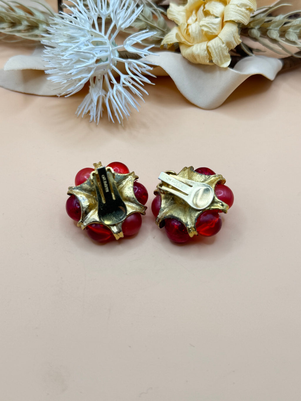 Vintage Kramer Red Bead Cluster Clip-On Earrings Gold Tone