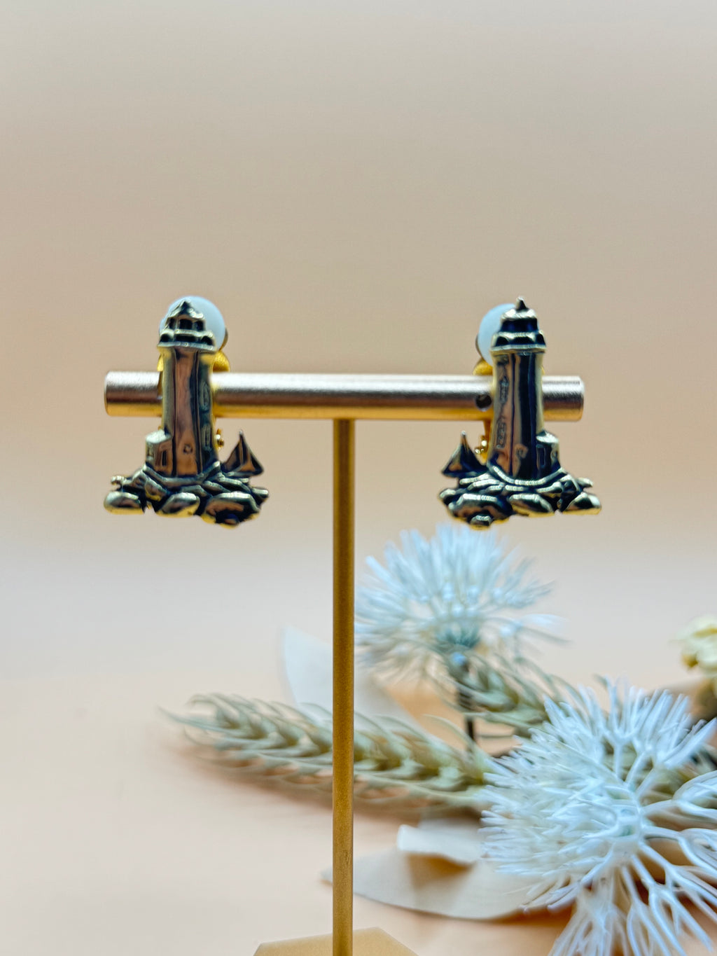 Lighthouse Scene Gold Tone Clip-On Earrings