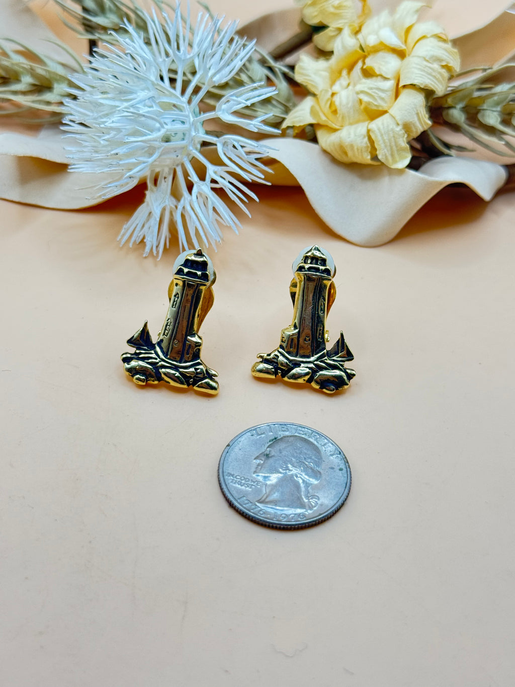 Lighthouse Scene Gold Tone Clip-On Earrings