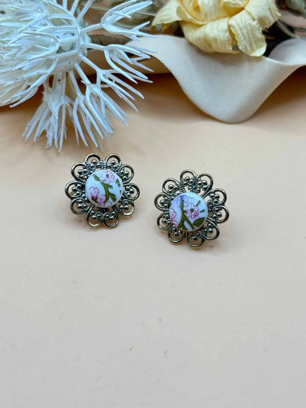 Floral Porcelain Cabochon Silver Tone Clip-On Earrings