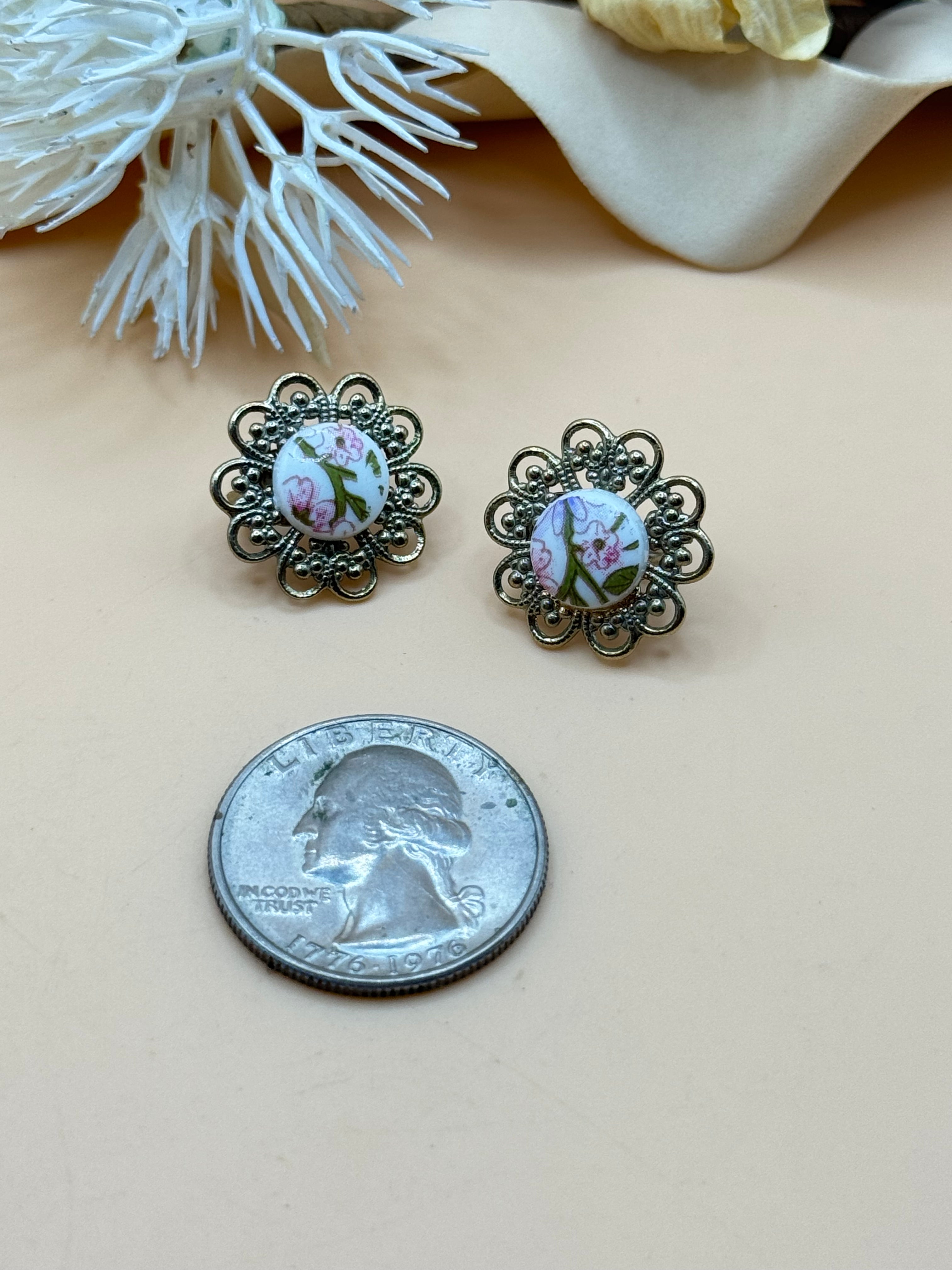 Floral Porcelain Cabochon Silver Tone Clip-On Earrings