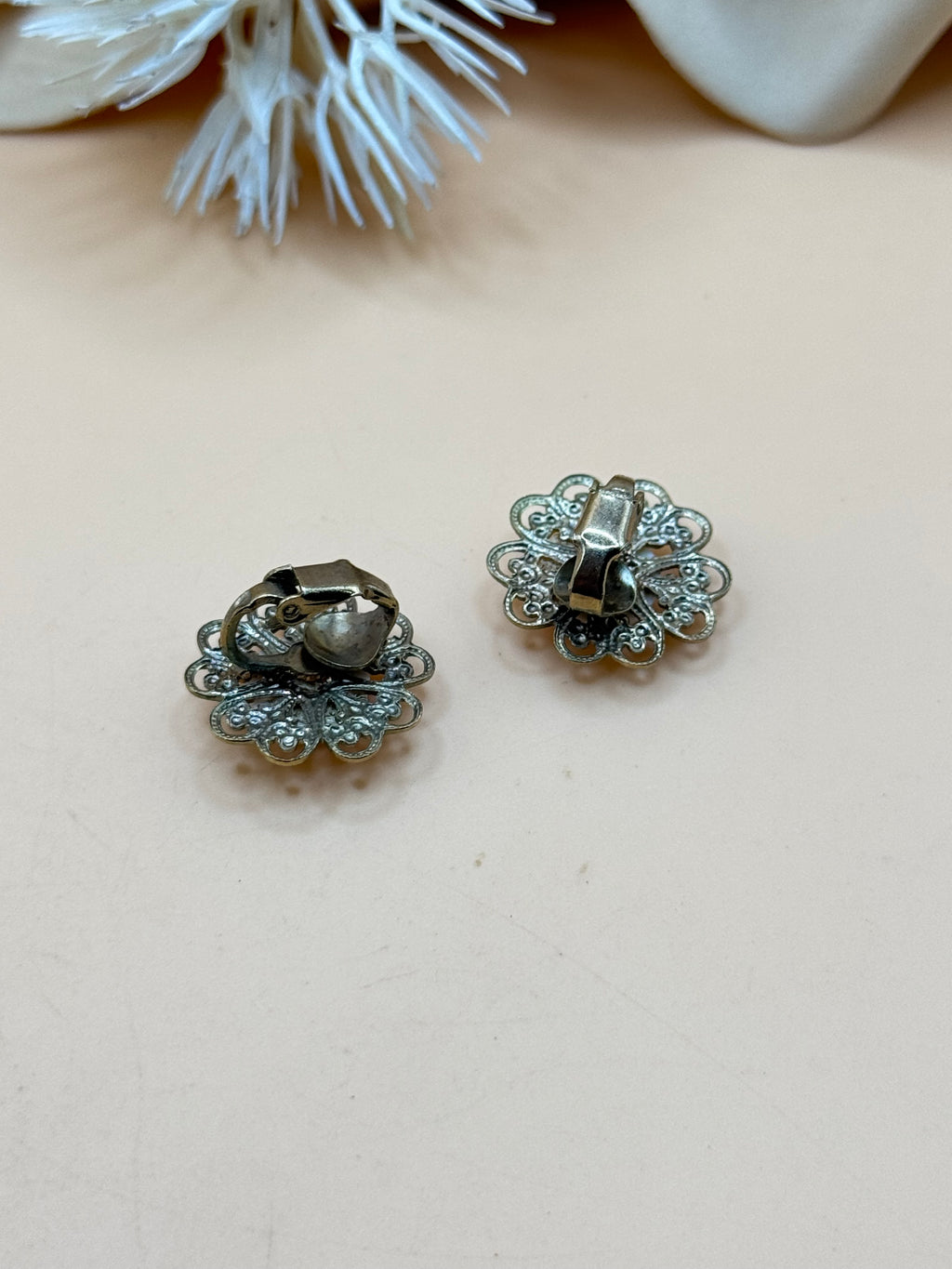 Floral Porcelain Cabochon Silver Tone Clip-On Earrings