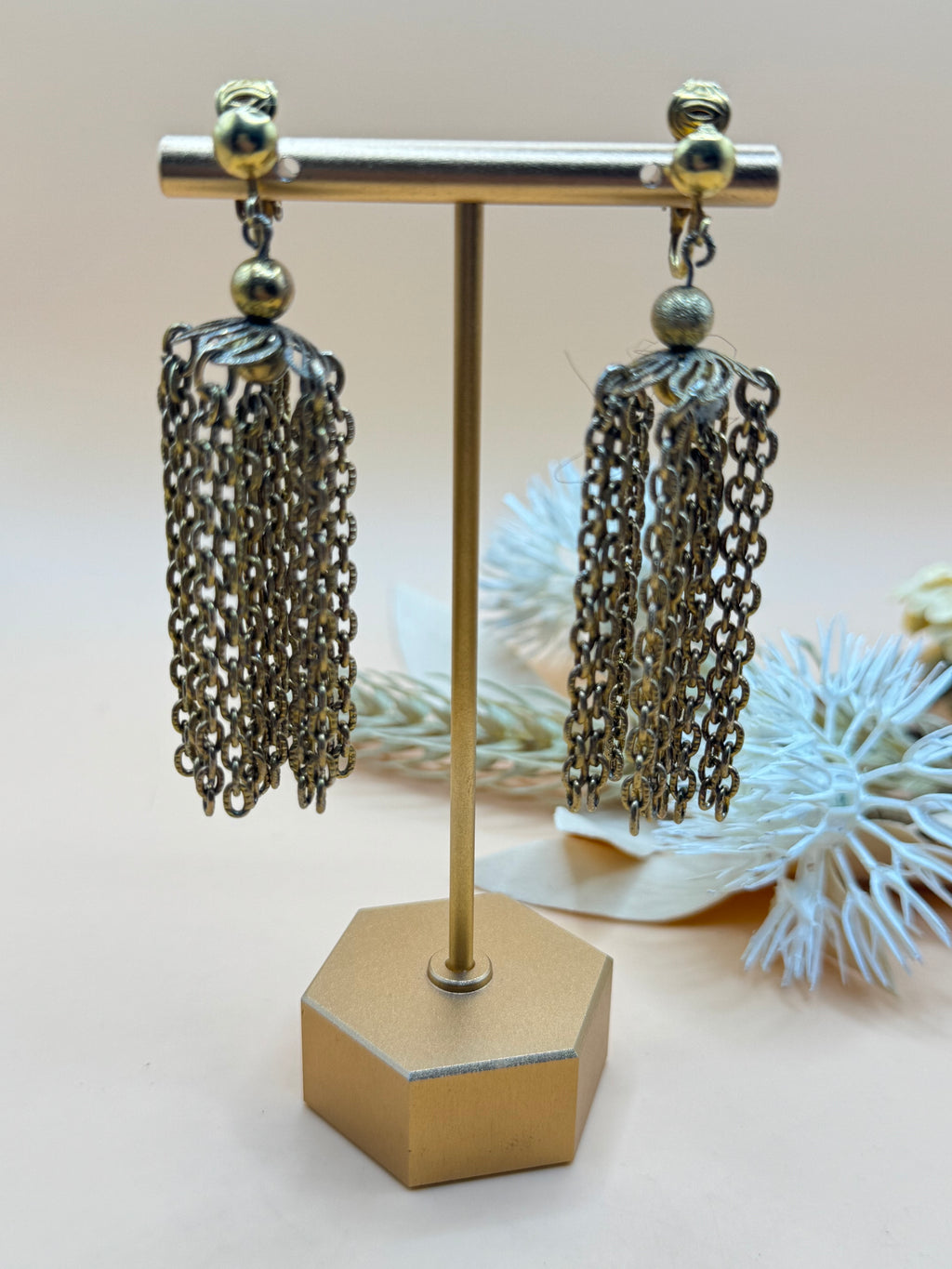 Vintage Gold Tone Chain Tassel Clip-On Earrings
