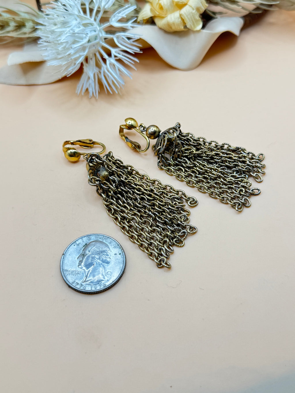 Vintage Gold Tone Chain Tassel Clip-On Earrings