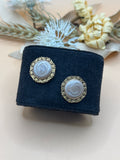 Vintage Gray Swirl Cabochon Gold Tone Ornate Stud Earrings