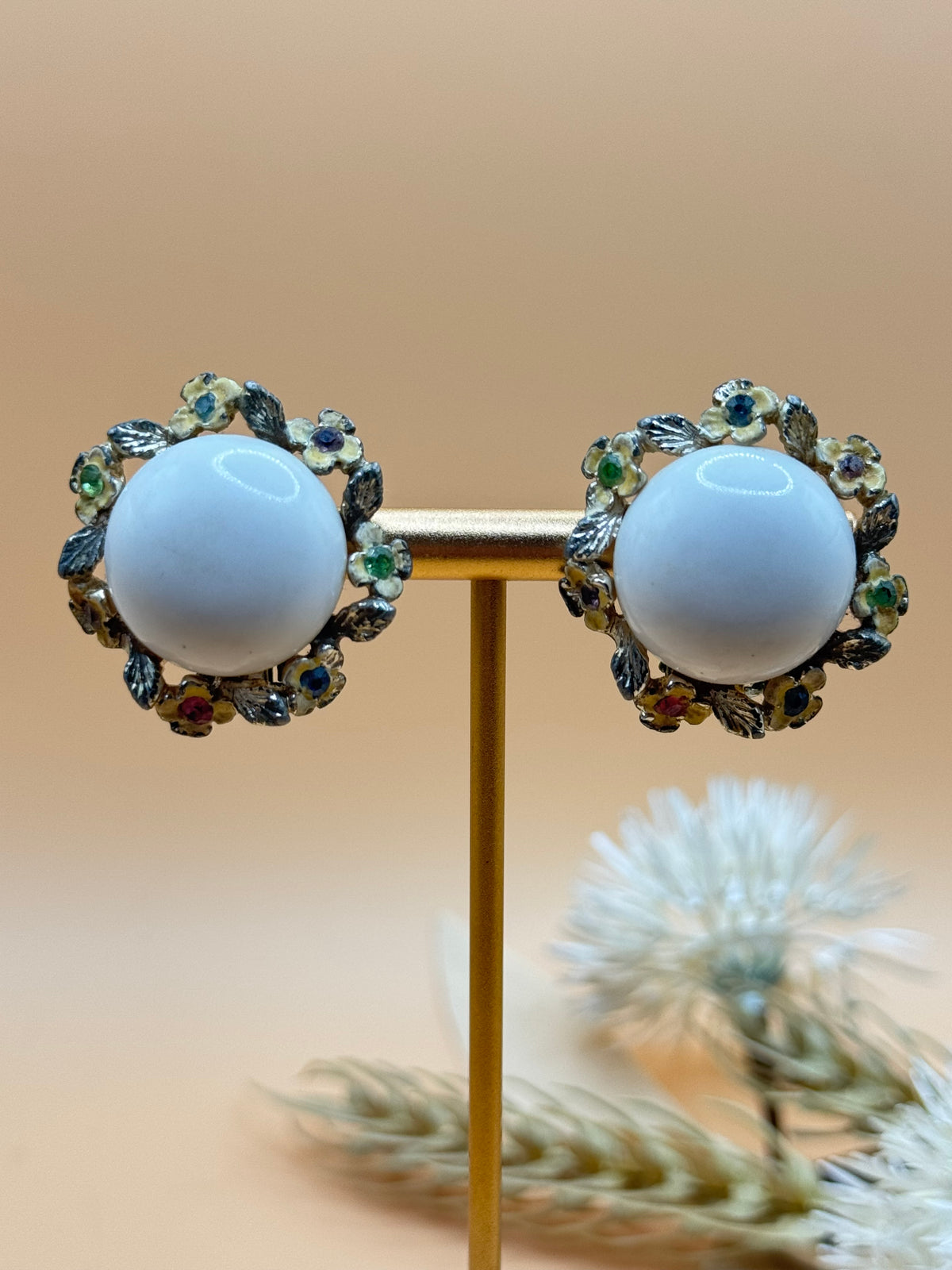 Vintage White Cabochon Multicolor Floral Silver Tone Clip-On Earrings
