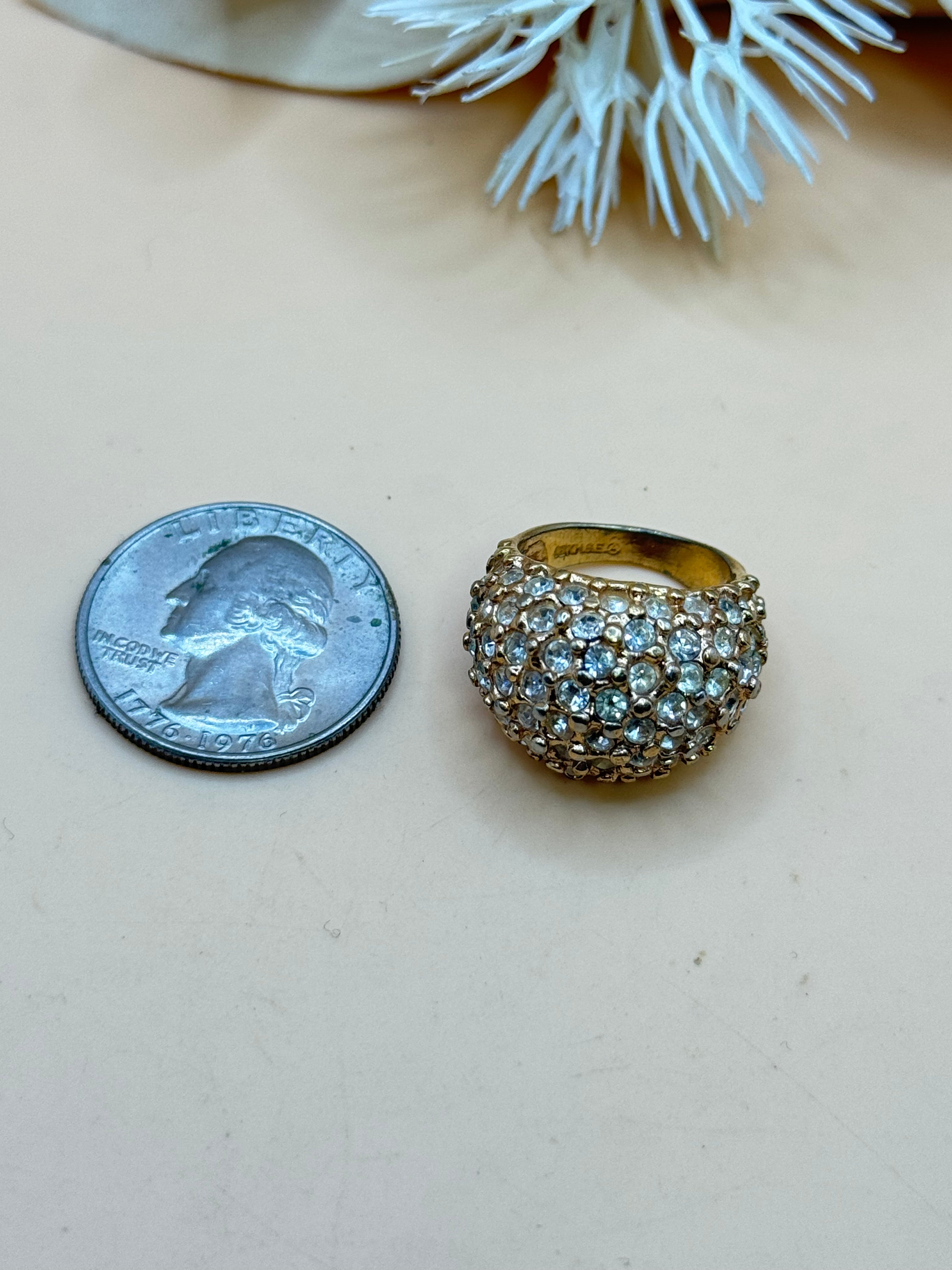 18K HGE Clear Rhinestone Domed Cocktail Ring Size 5