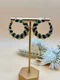 Vintage Blue & Green Enamel Twisted Gold Tone Hoop Earrings