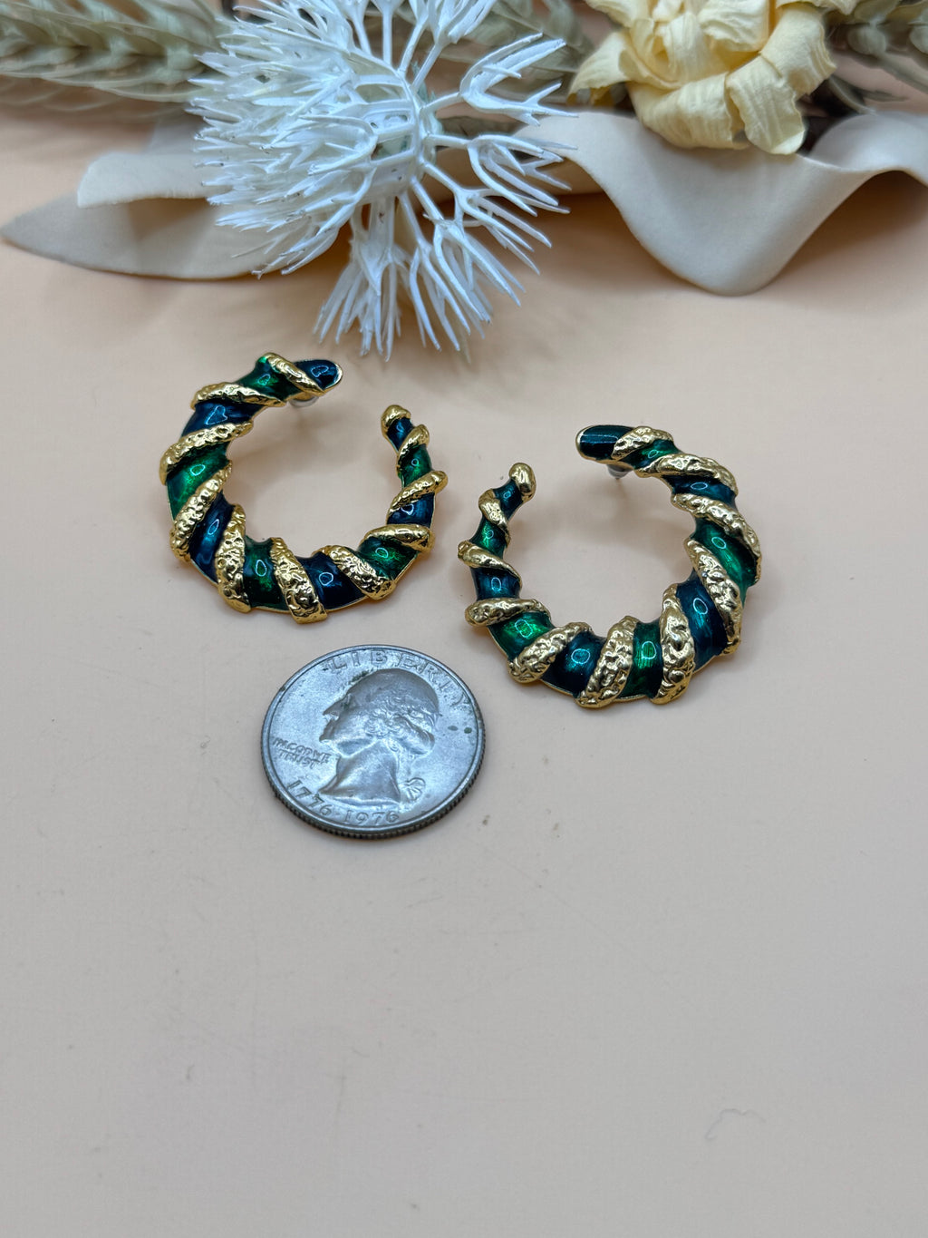 Vintage Blue & Green Enamel Twisted Gold Tone Hoop Earrings