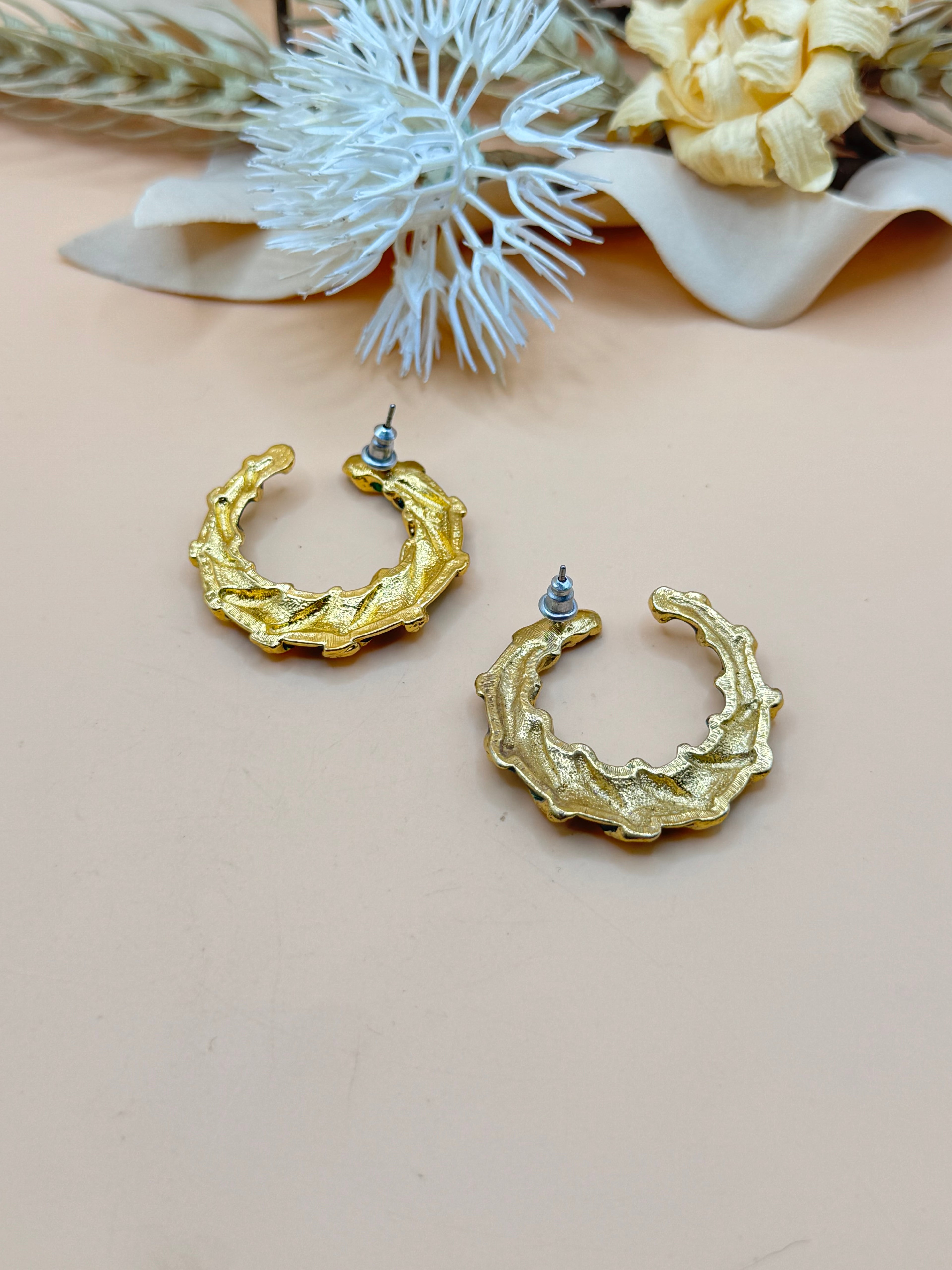 Vintage Blue & Green Enamel Twisted Gold Tone Hoop Earrings