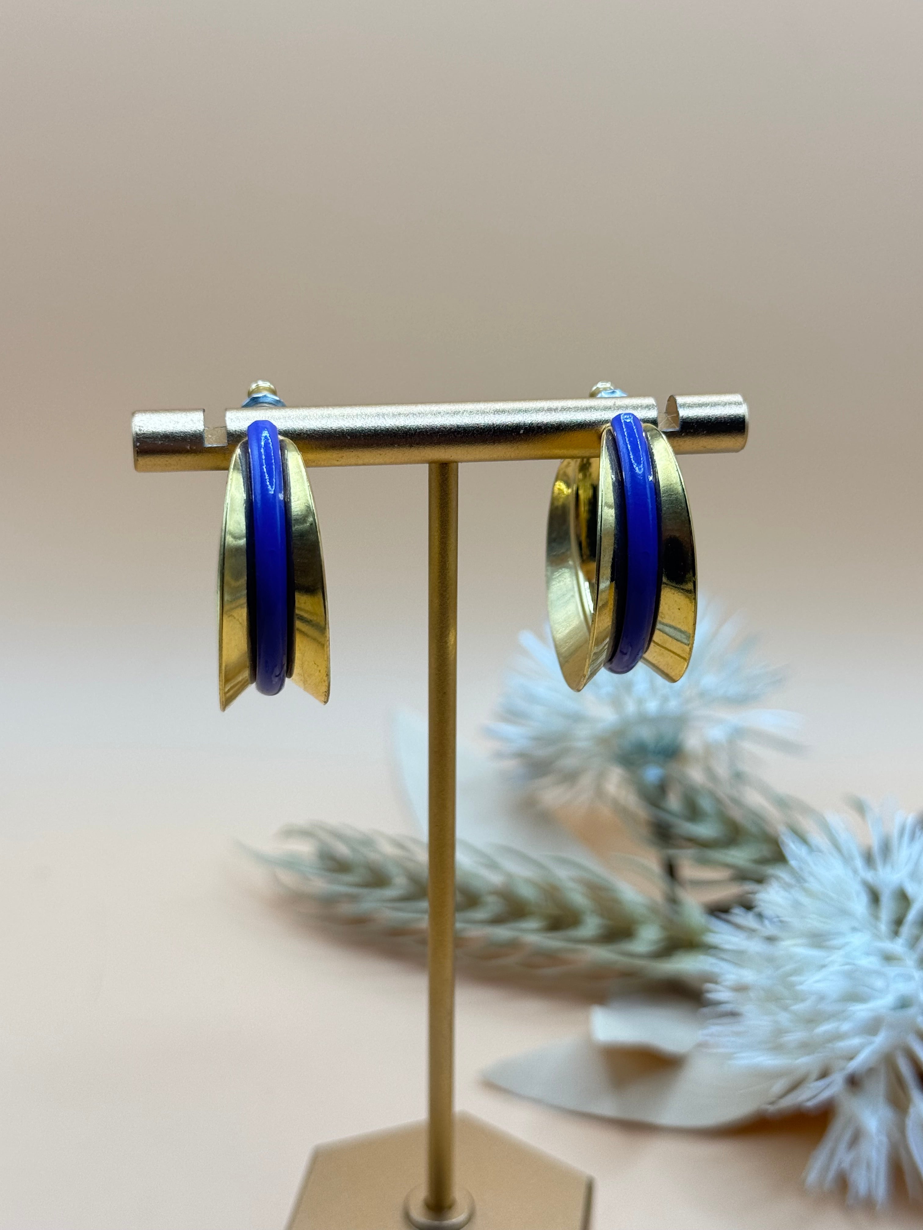 Gold Tone Purple Accent Wide Hoop Earrings