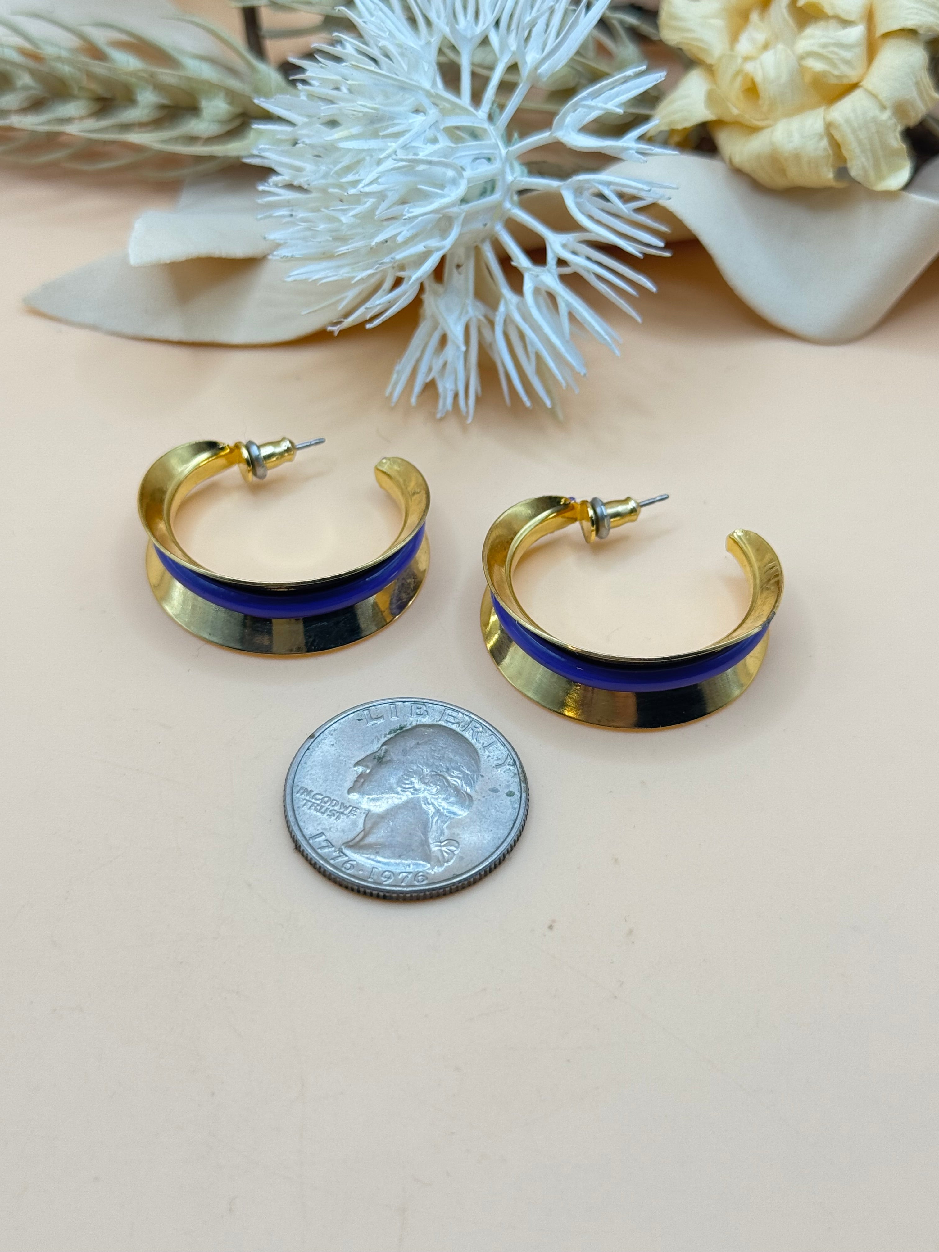 Gold Tone Purple Accent Wide Hoop Earrings