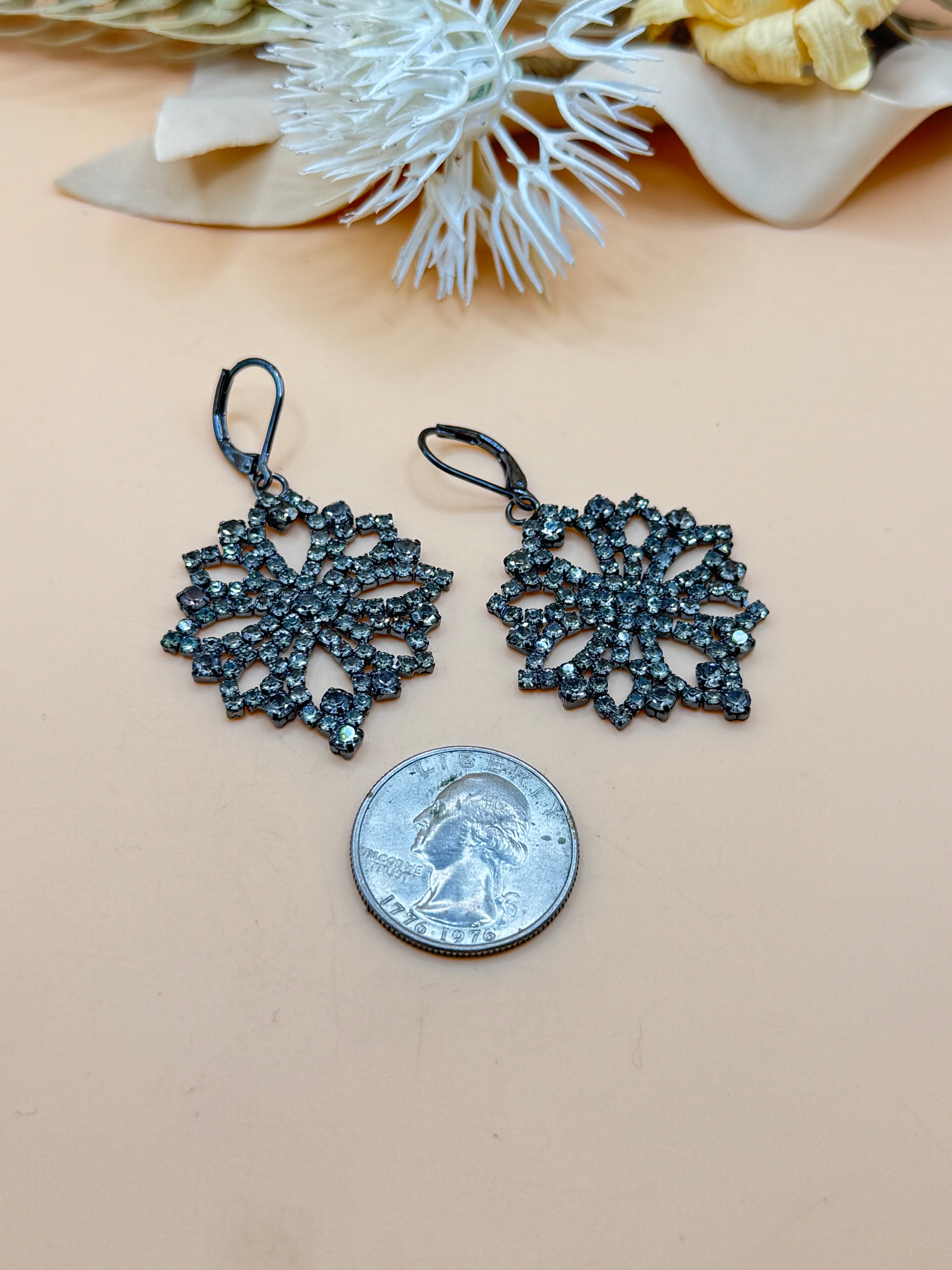 Black Tone Smoky Rhinestone Floral Drop Earrings