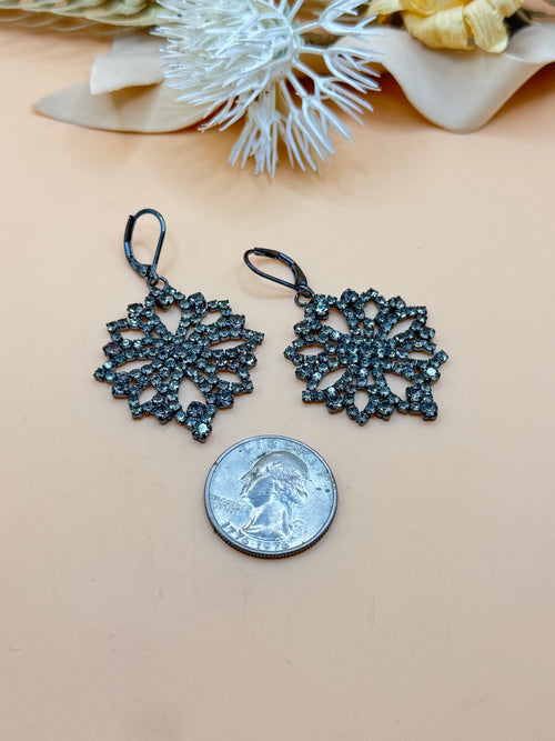 Black Tone Smoky Rhinestone Floral Drop Earrings