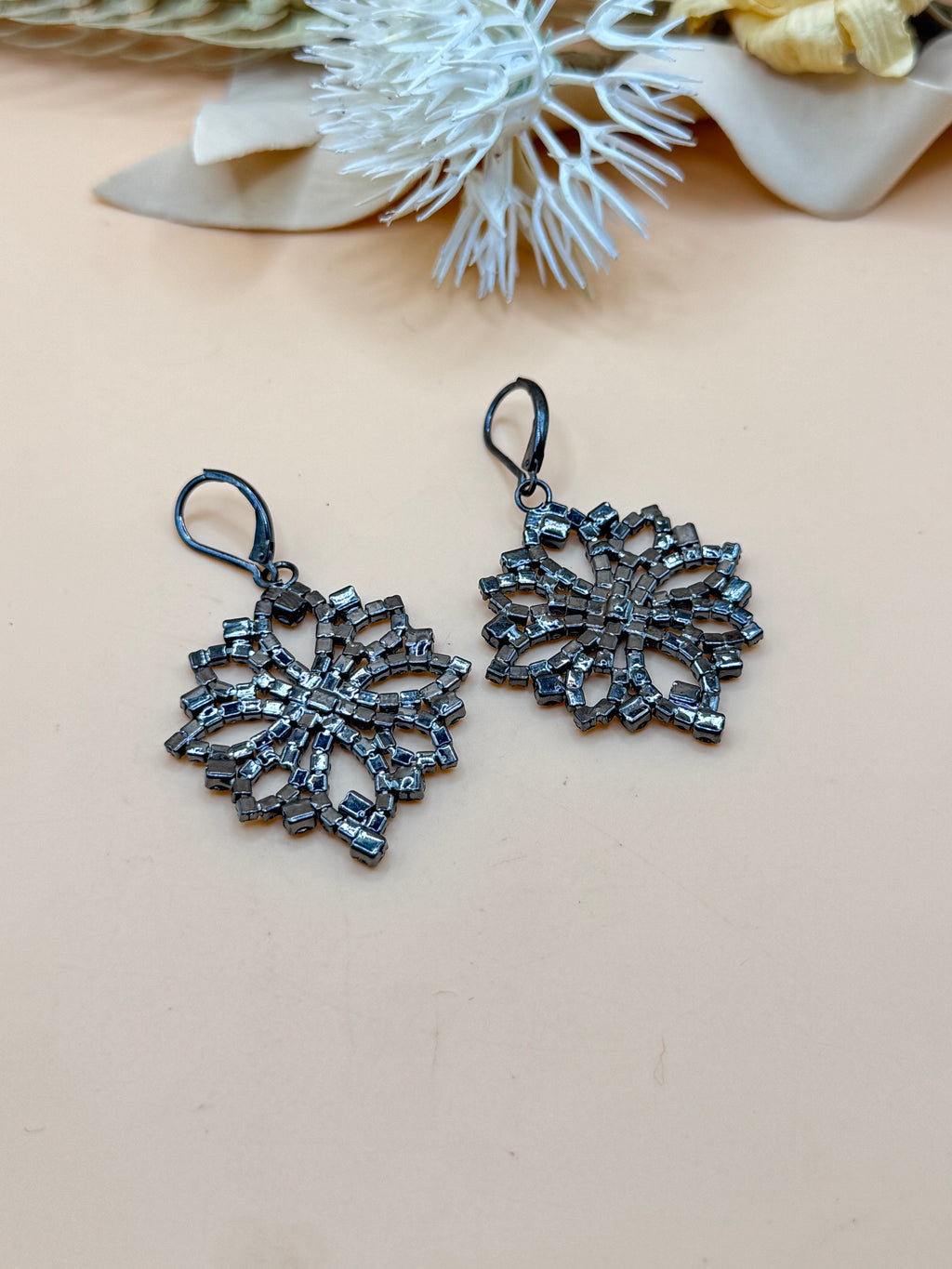 Black Tone Smoky Rhinestone Floral Drop Earrings