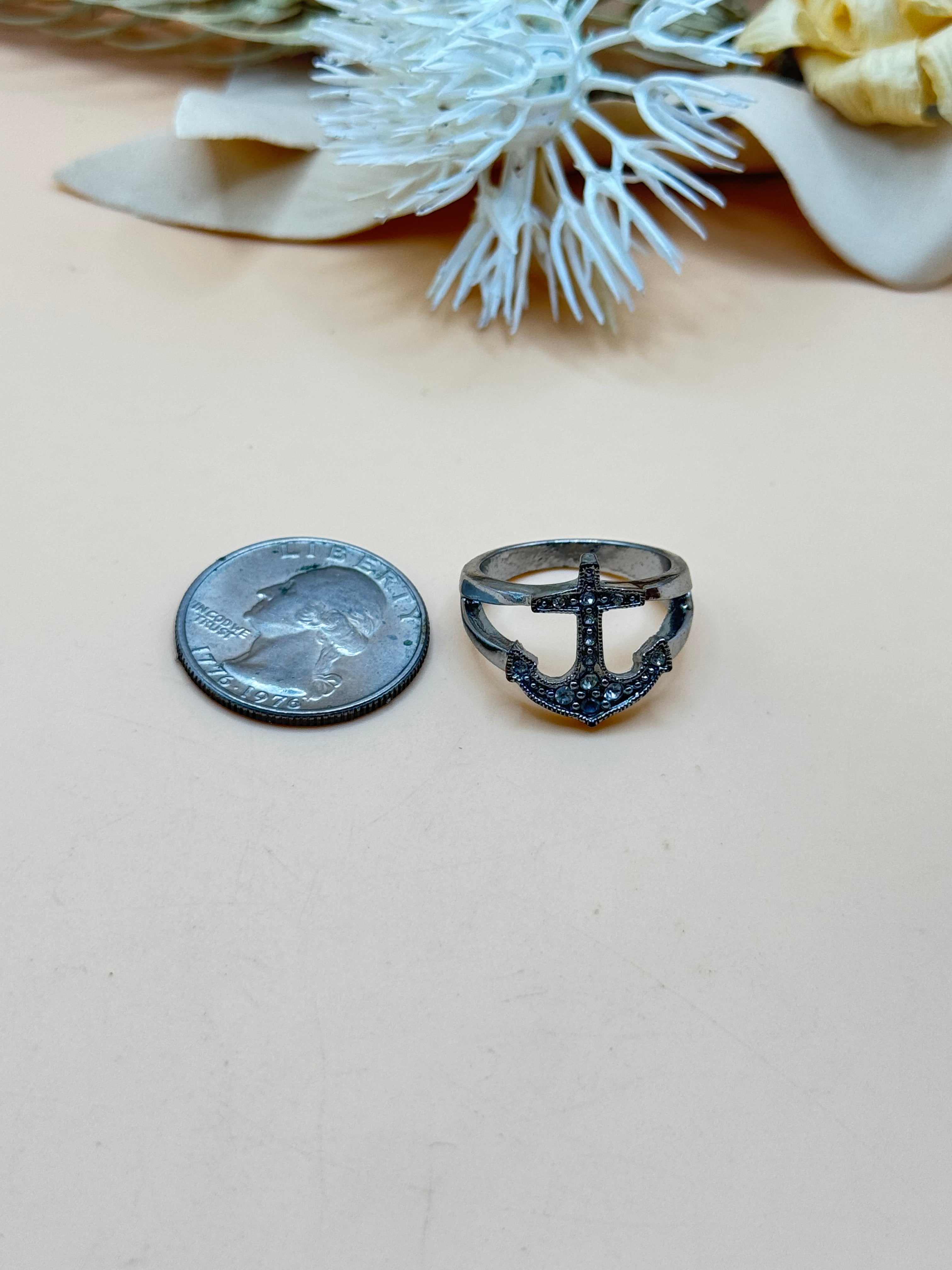 Silver Tone Nautical Anchor Ring Size 7.5