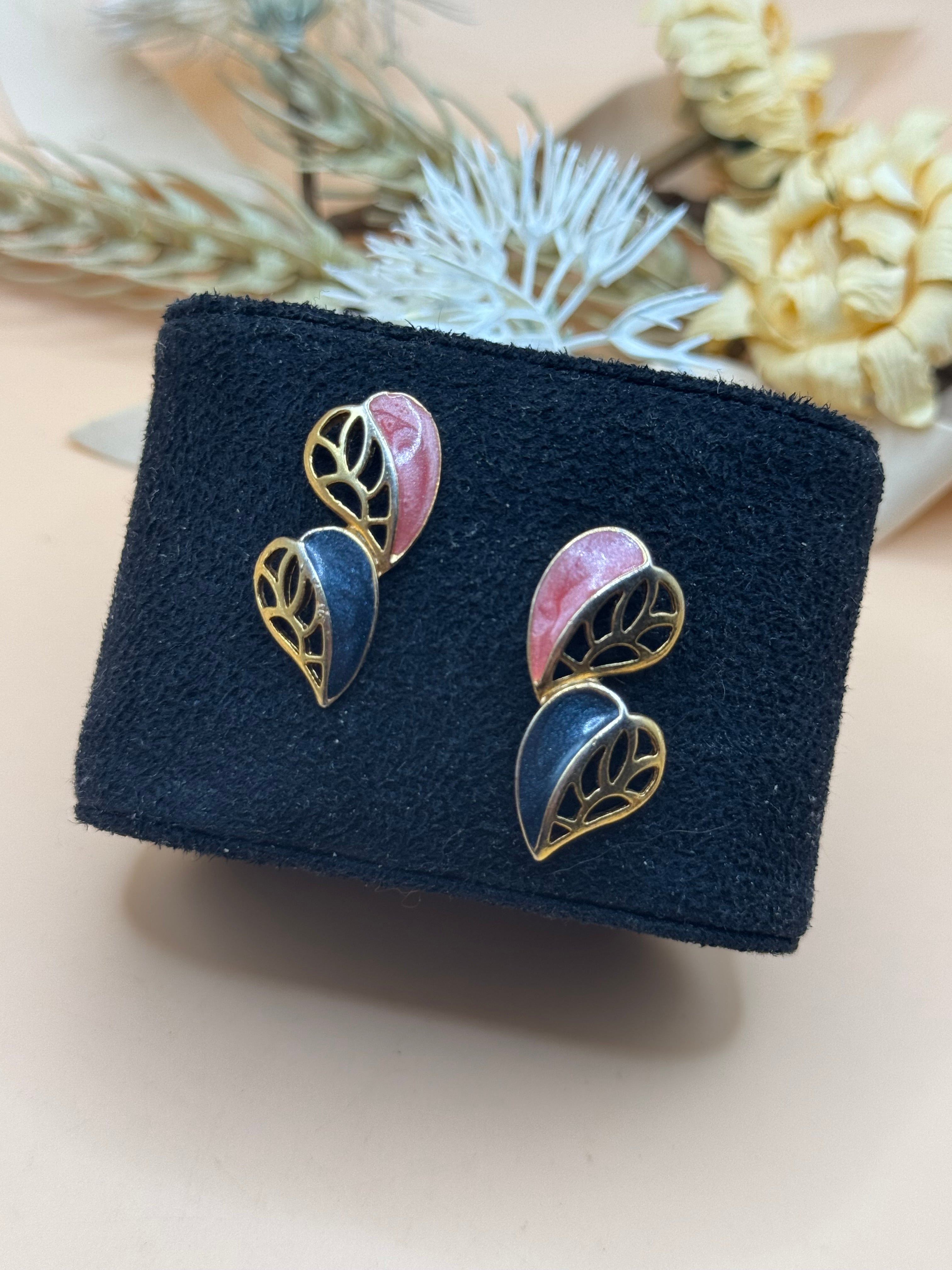 Pink Black & Gold Tone Leaf Drop Stud Earrings