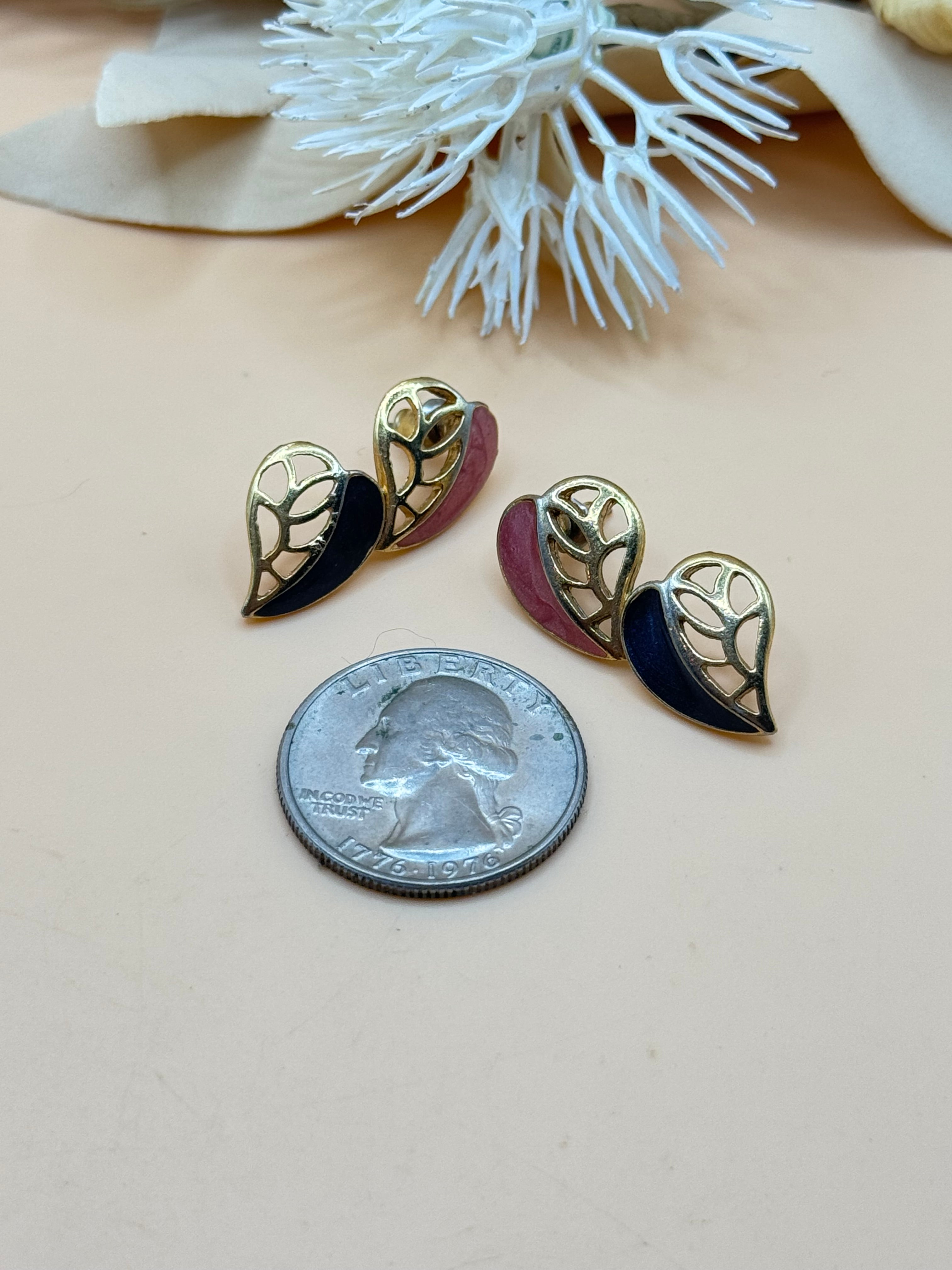 Pink Black & Gold Tone Leaf Drop Stud Earrings