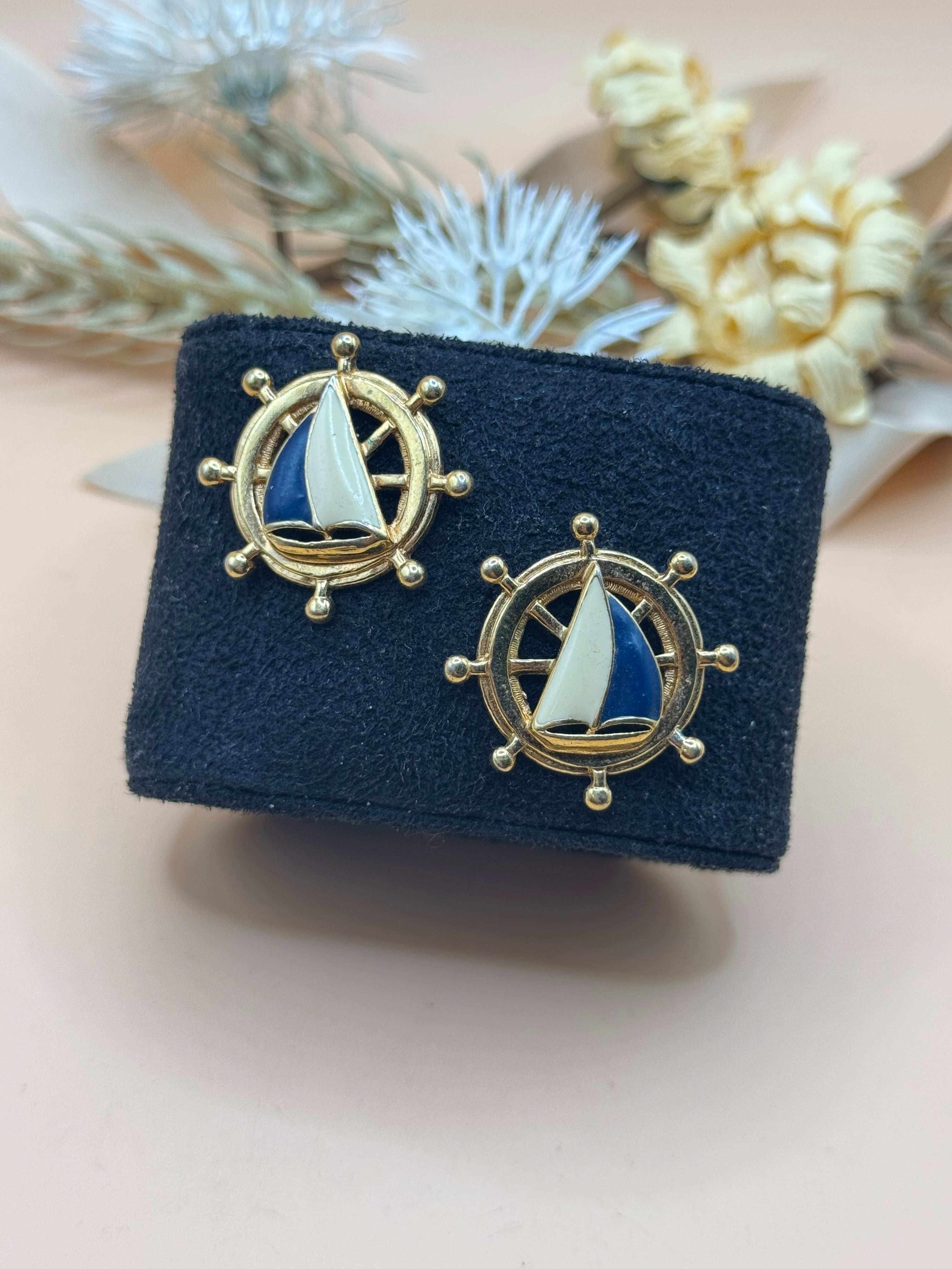 Vintage Avon Nautical Sailboat Ship Wheel Gold Tone Enamel Stud Earrings