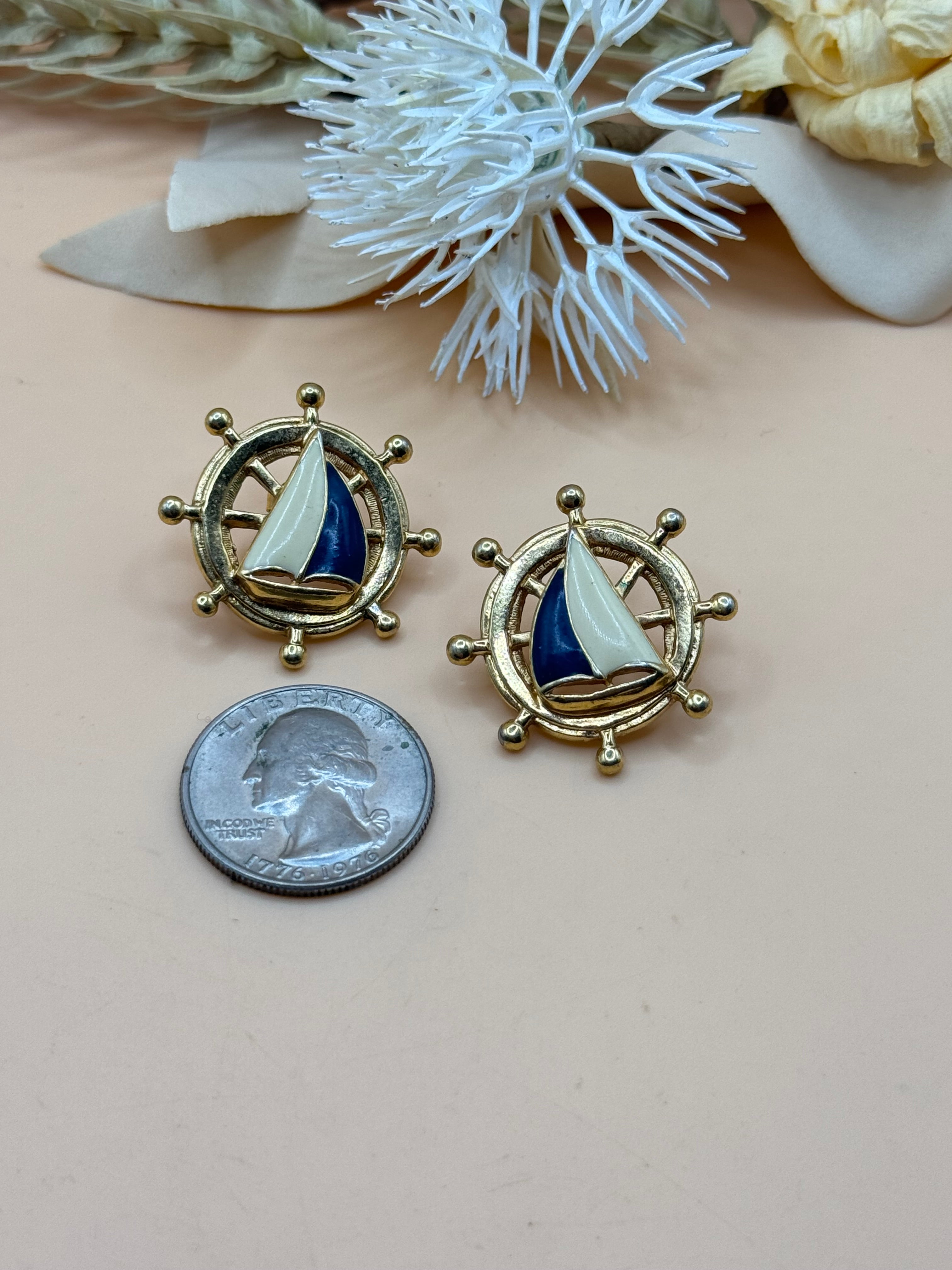 Vintage Avon Nautical Sailboat Ship Wheel Gold Tone Enamel Stud Earrings