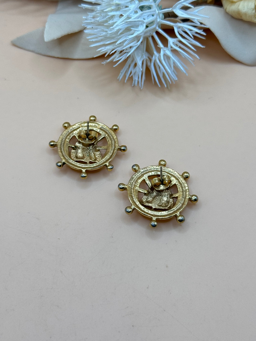 Vintage Avon Nautical Sailboat Ship Wheel Gold Tone Enamel Stud Earrings