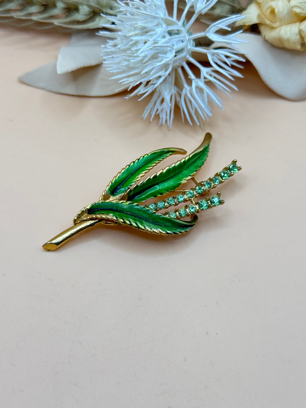 Vintage Gold Tone Green Enamel Rhinestone Leaf Spray Brooch