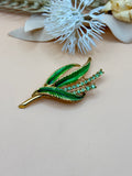 Vintage Gold Tone Green Enamel Rhinestone Leaf Spray Brooch
