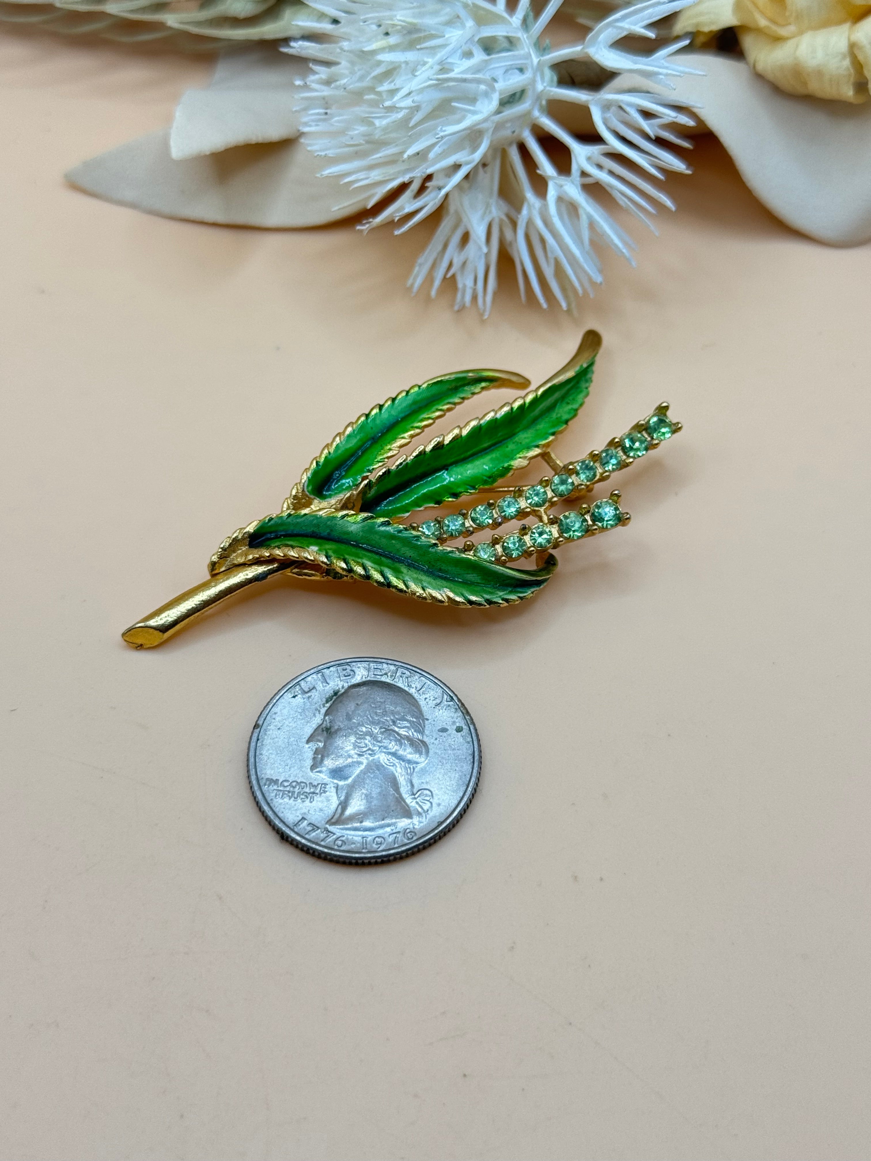 Vintage Gold Tone Green Enamel Rhinestone Leaf Spray Brooch