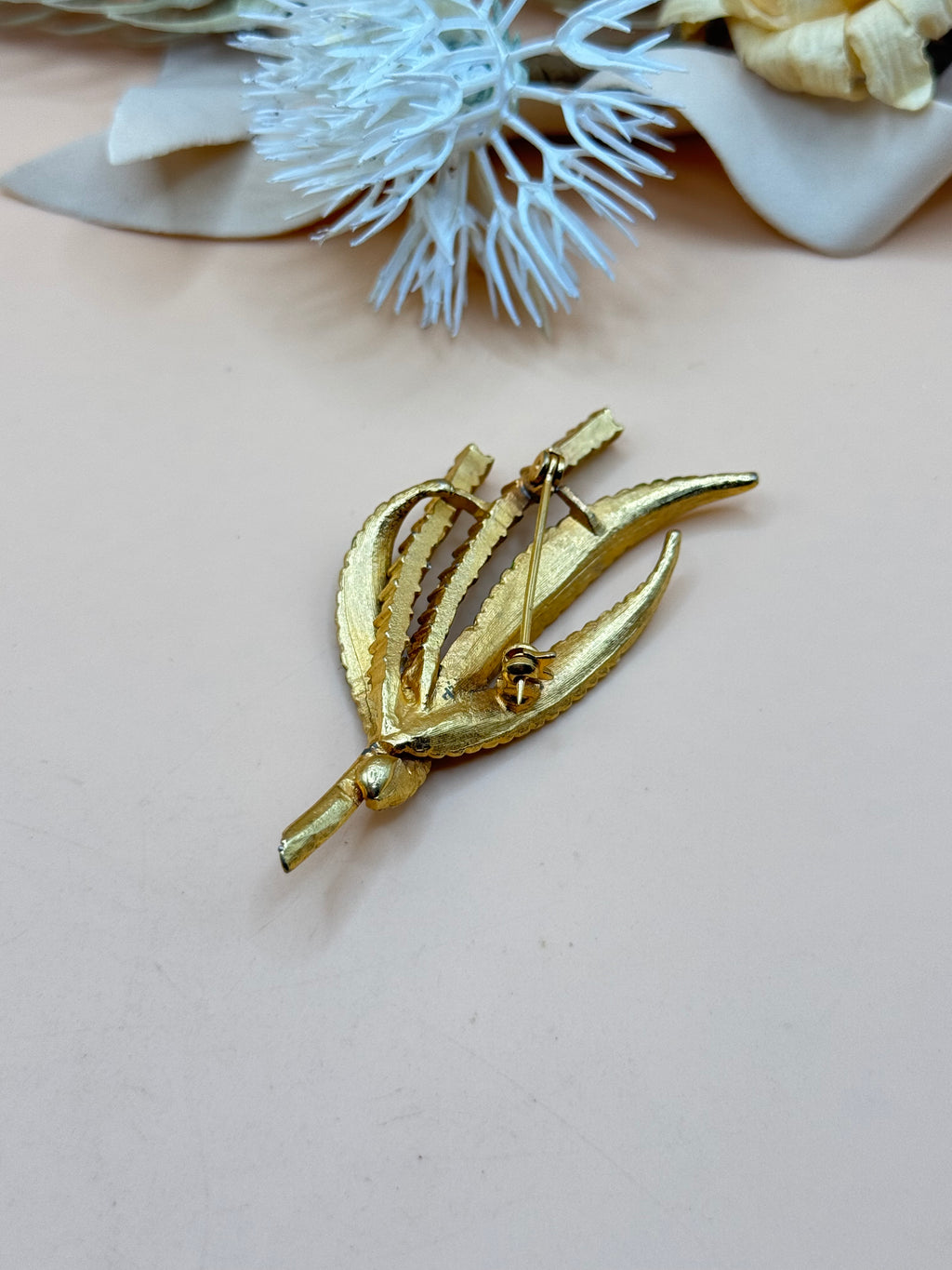 Vintage Gold Tone Green Enamel Rhinestone Leaf Spray Brooch