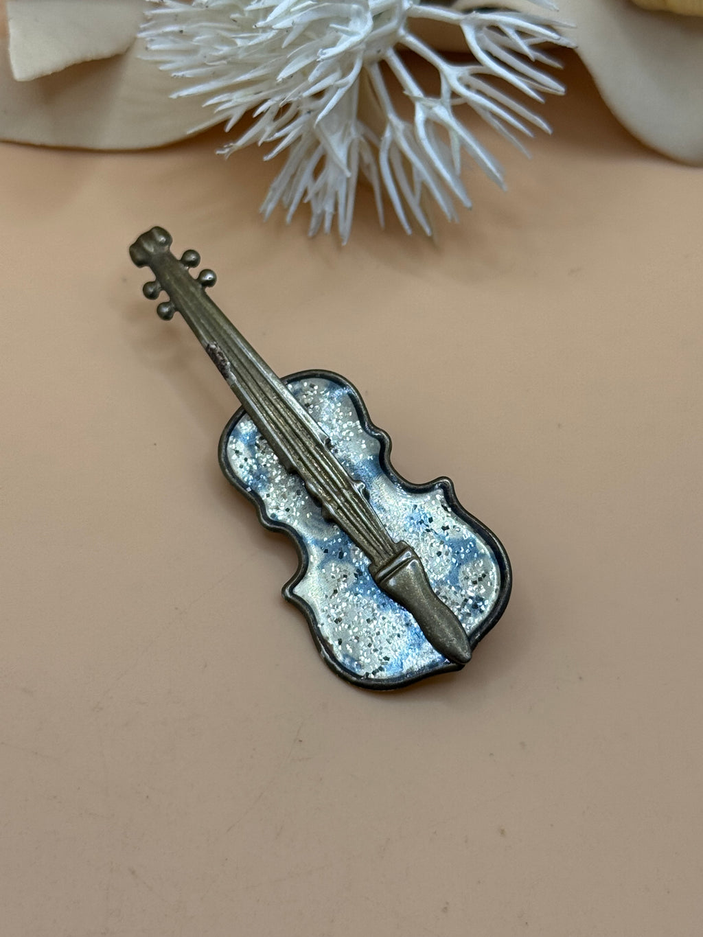 Vintage Silver Tone Glitter Violin Brooch Pin