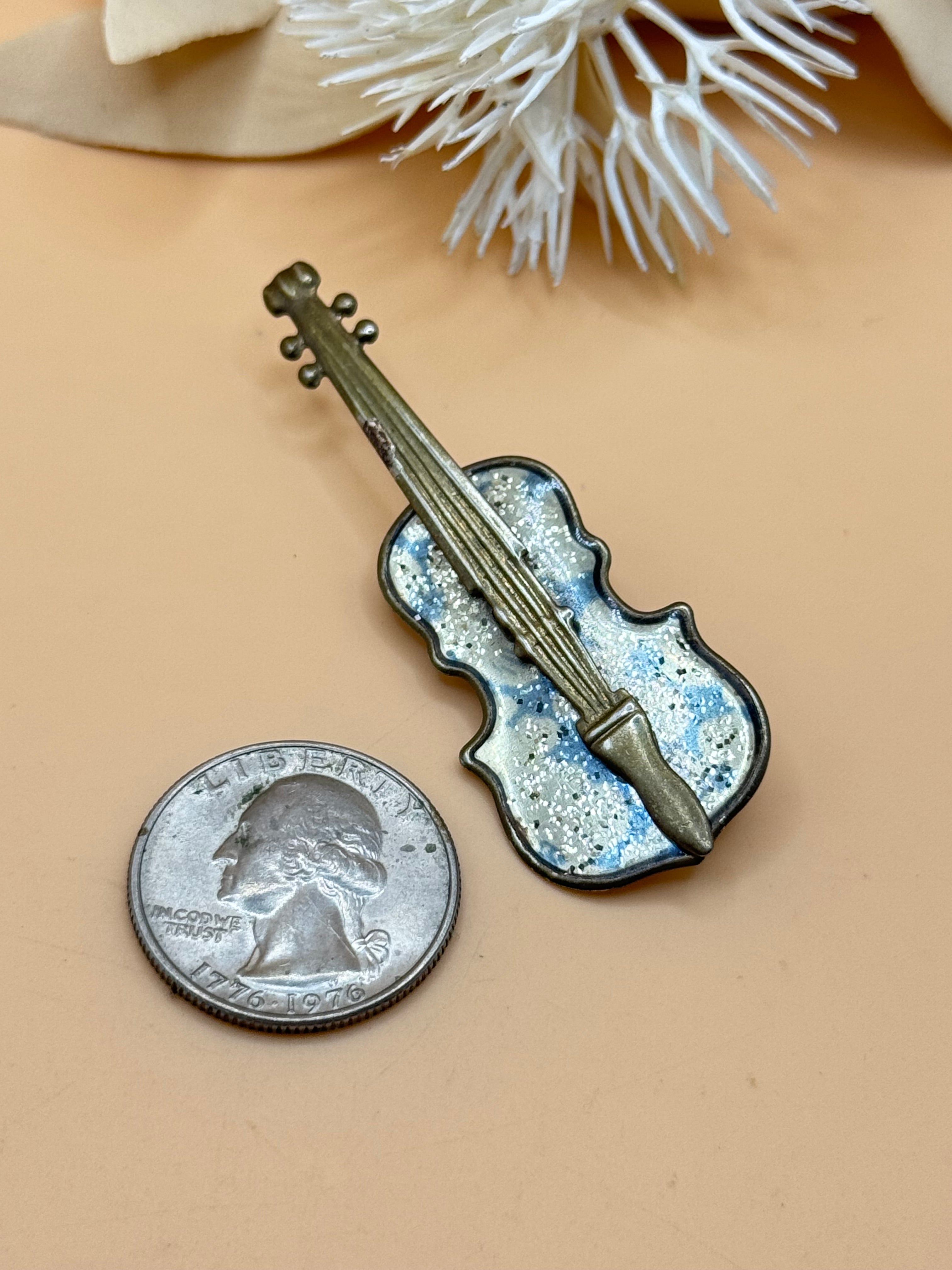 Vintage Silver Tone Glitter Violin Brooch Pin